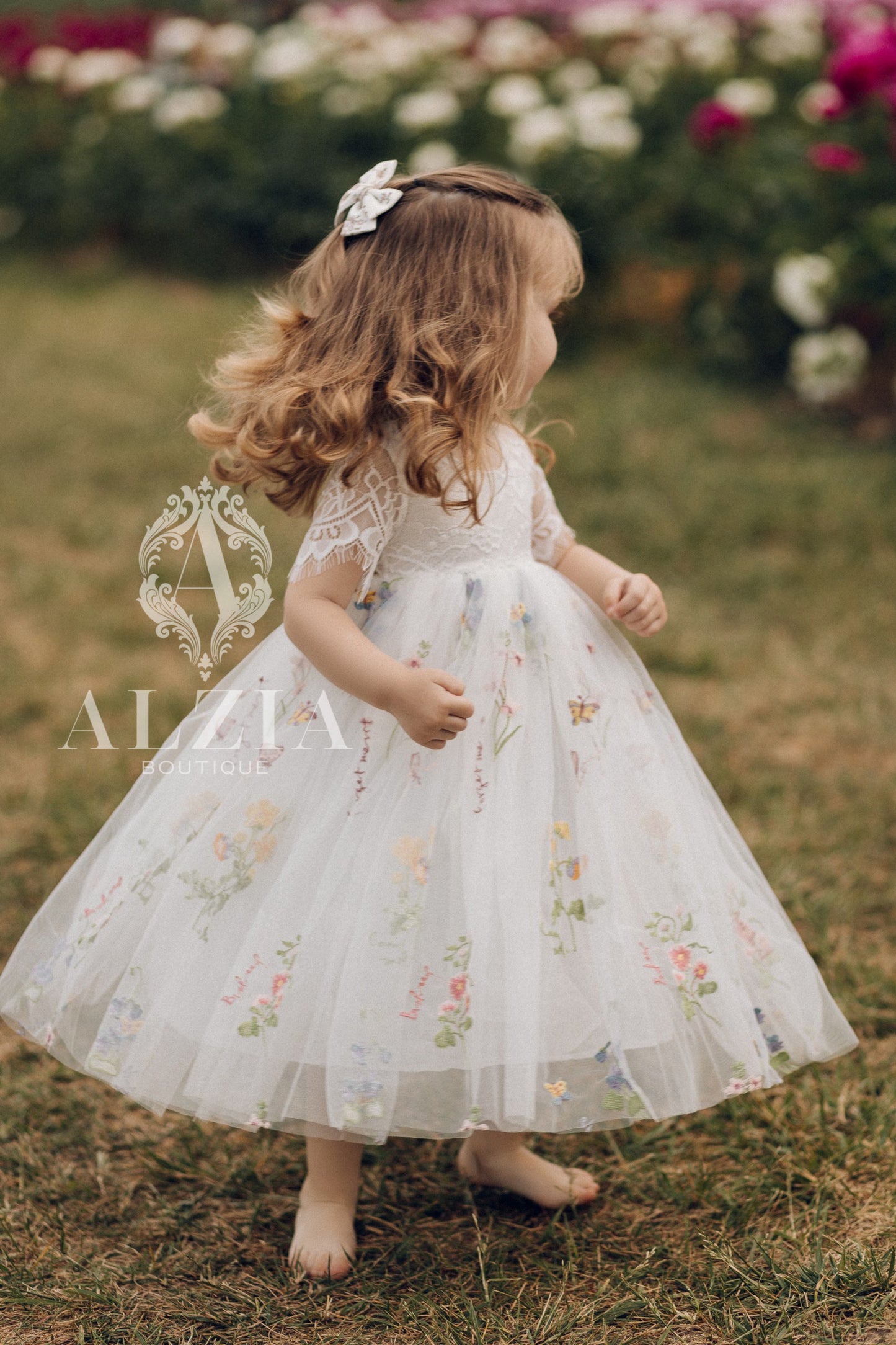 White Short Sleeves Floral Embroidered Tulle Flower Girl