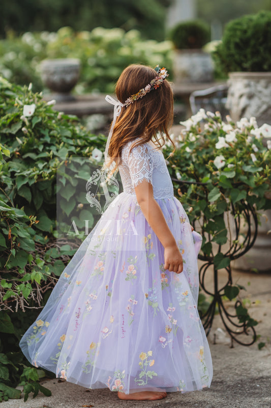 Purple Short Sleeves Floral Embroidered Tulle Flower Girl