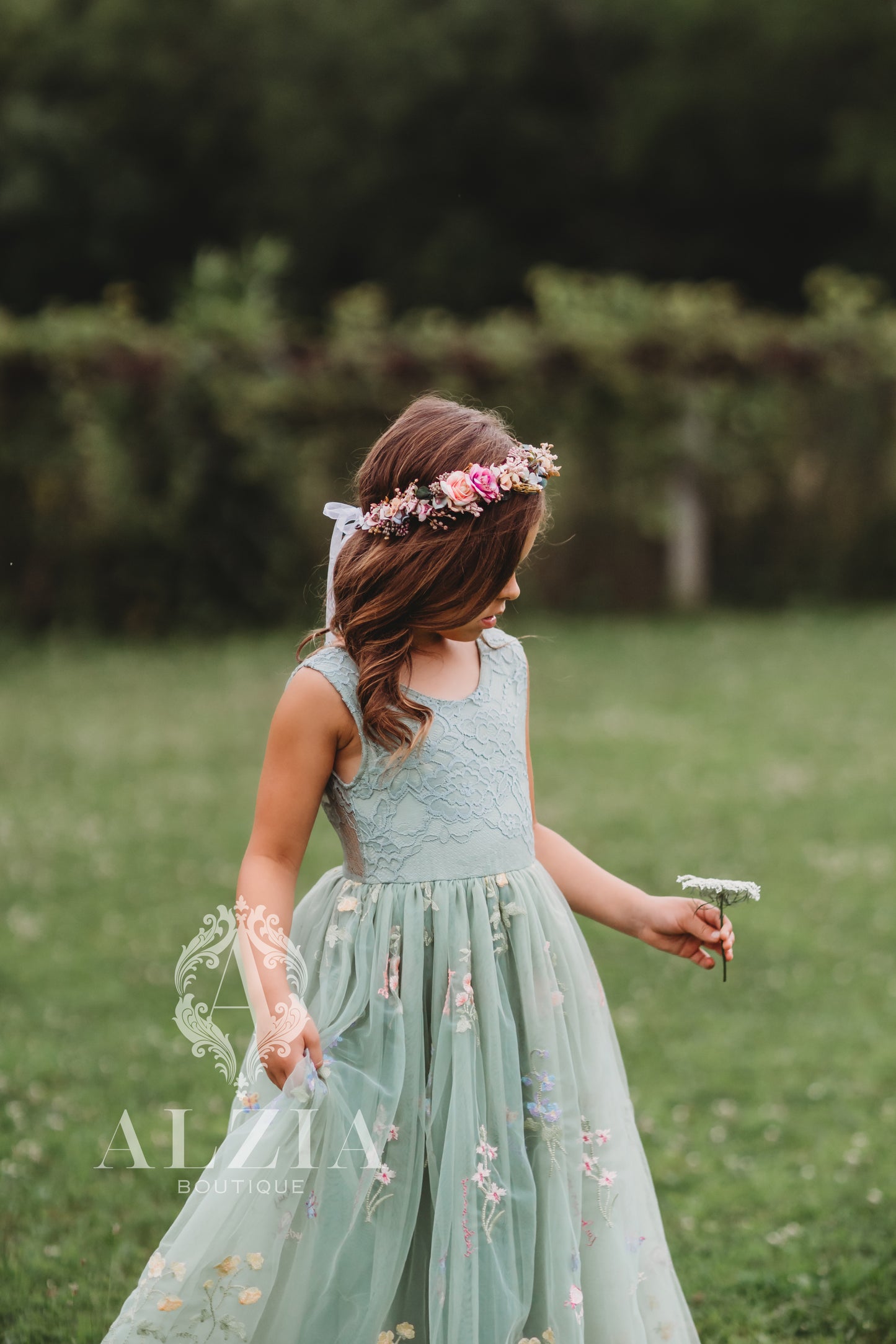 Sage Sleeveless Style Floral Embroidered Tulle Flower Girl