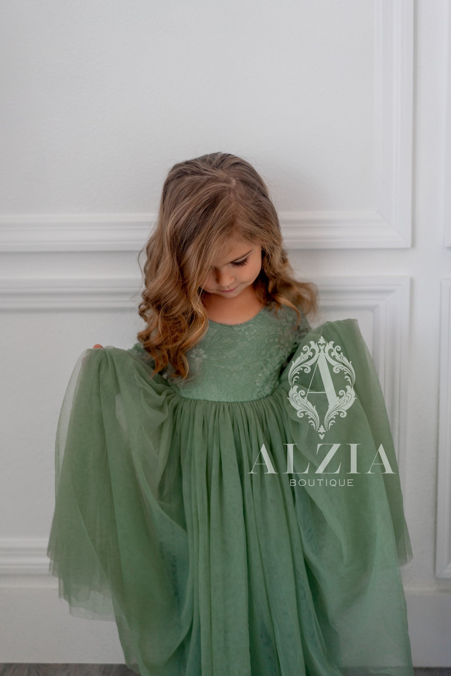 Sage Green Tulle Dress for Flower Girl Sage  Lace Top