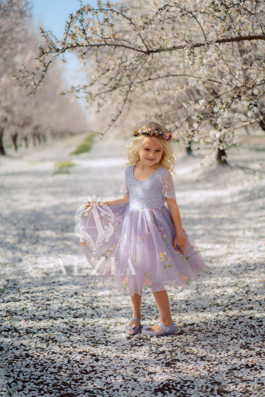 Purple Knee Length  Floral Embroidered Tulle Flower Girl