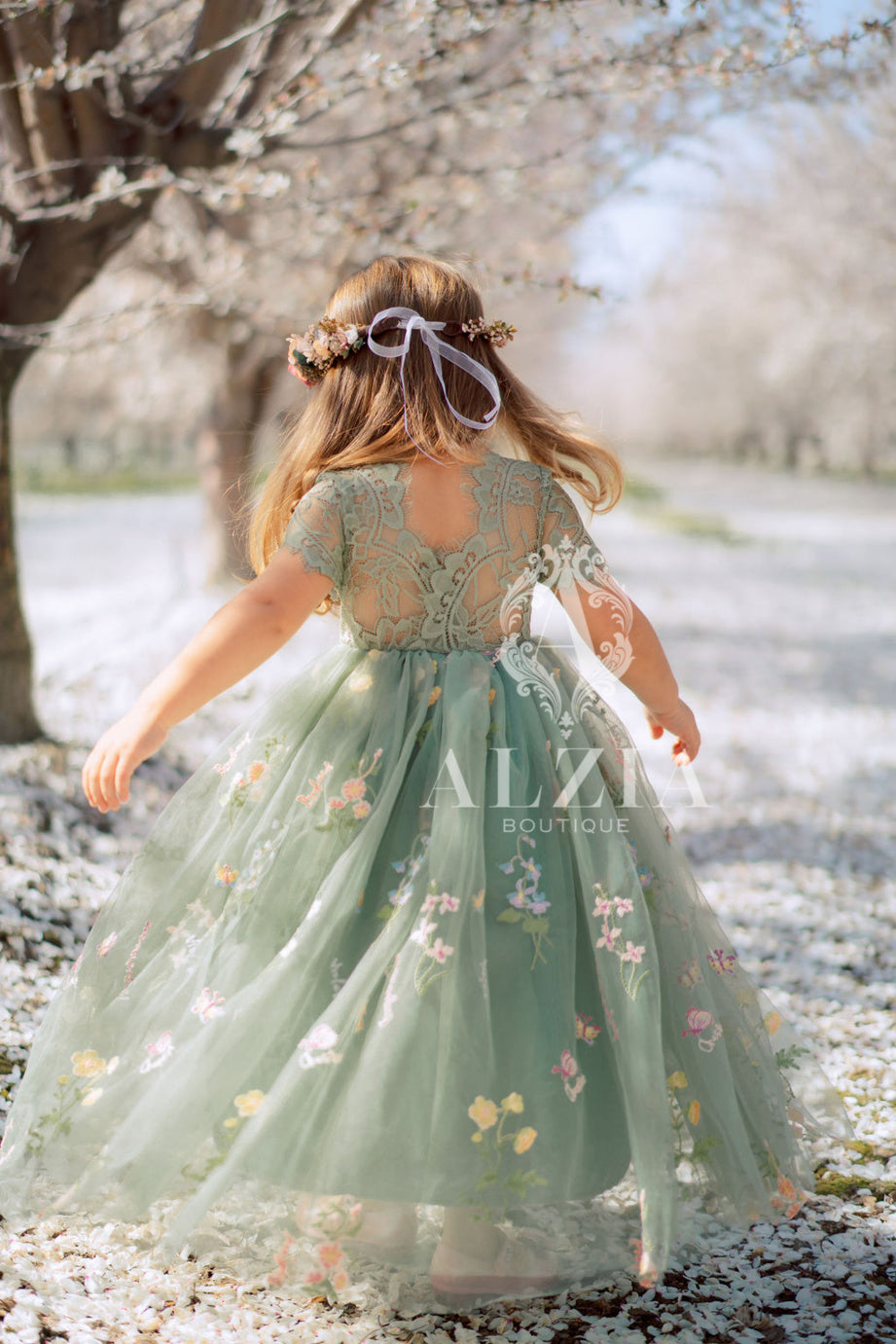 Light Blue Short Sleeves Floral Embroidered Tulle Flower Girl