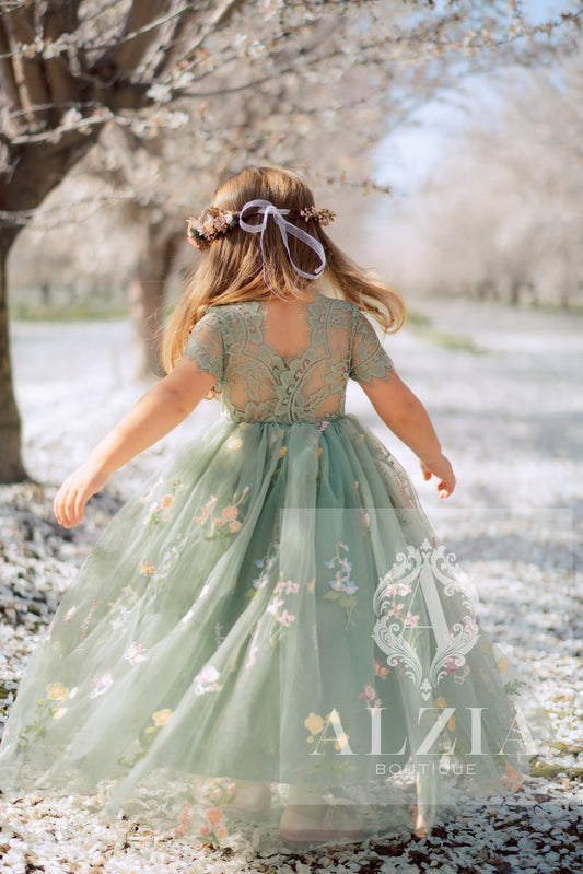 Sage Short  Sleeves Floral Embroidered Tulle Flower Girl