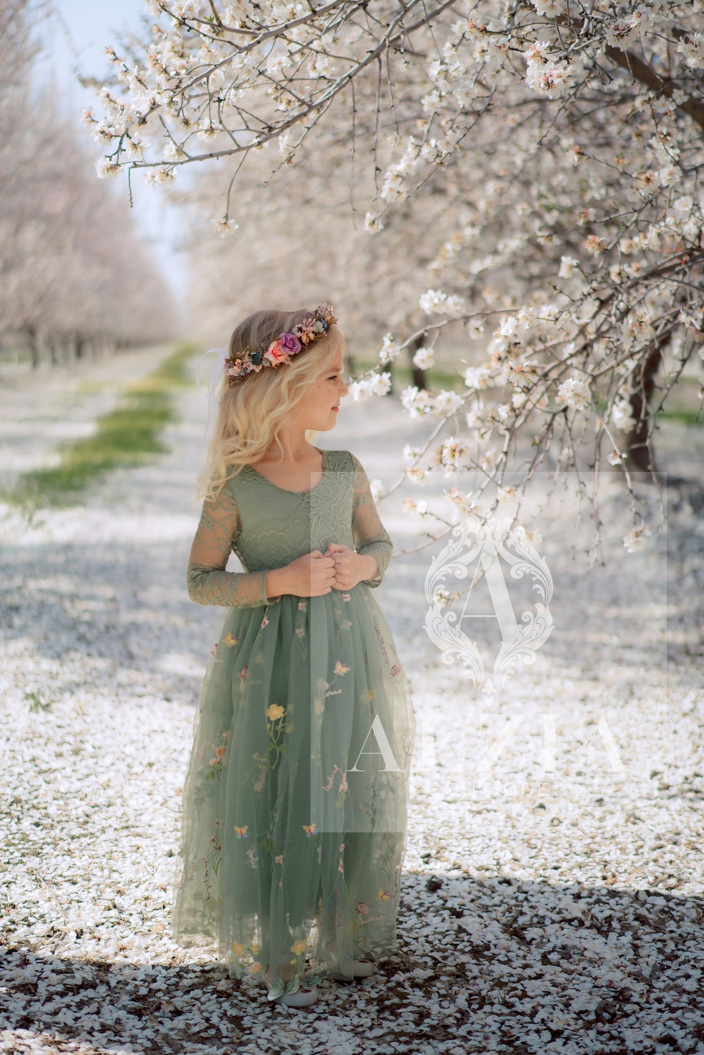 Sage Long Sleeves Floral Embroidered Tulle Flower Girl