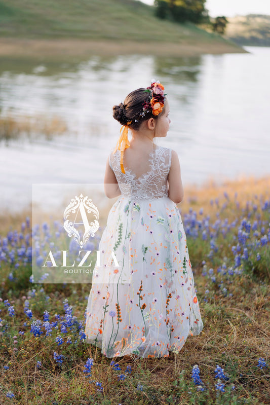 White Embroidered Tulle  Flower Girl Dress/Sleeveless