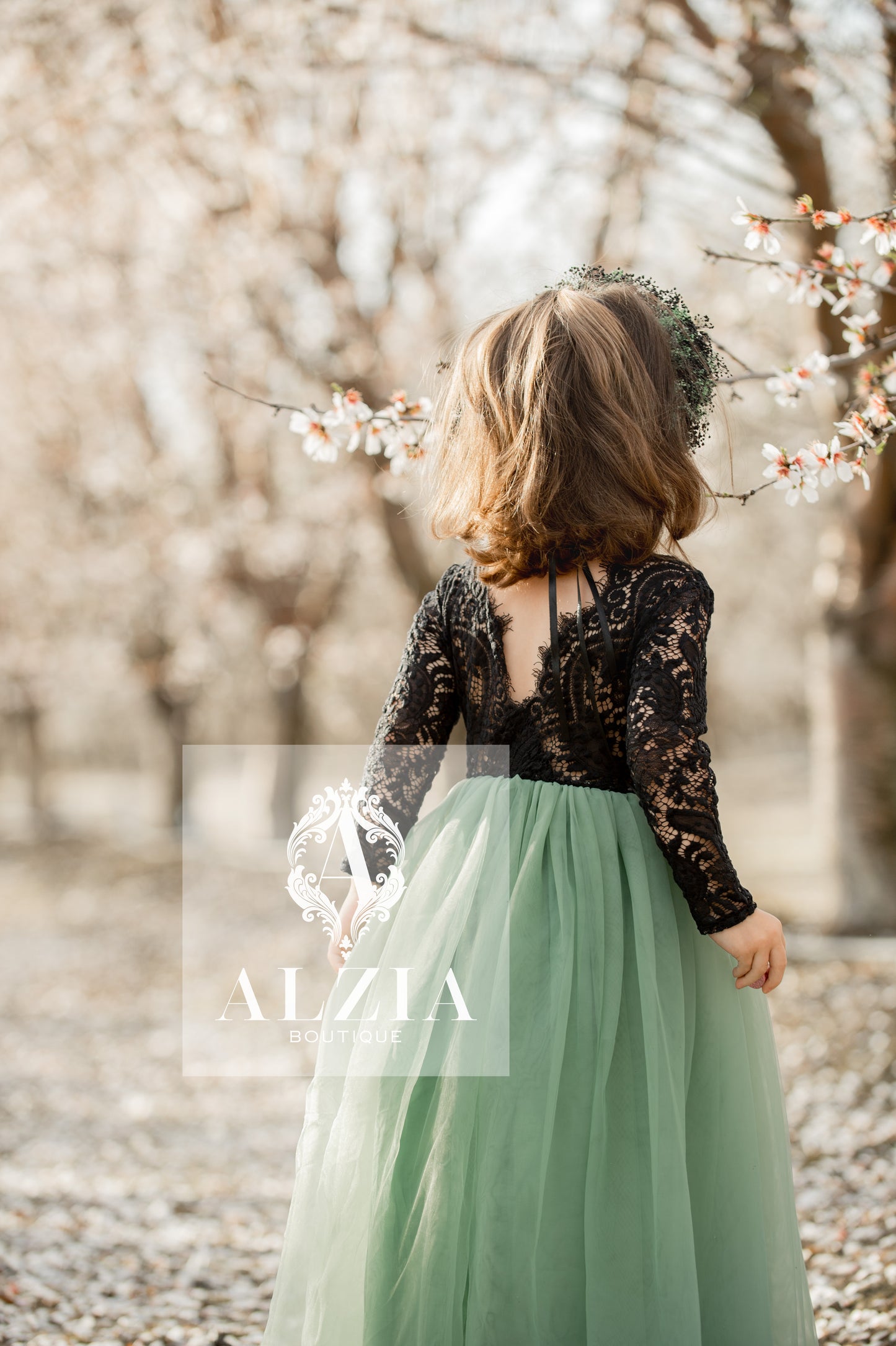 Sage Green Tulle Dress for Flower Girl Black Lace Top