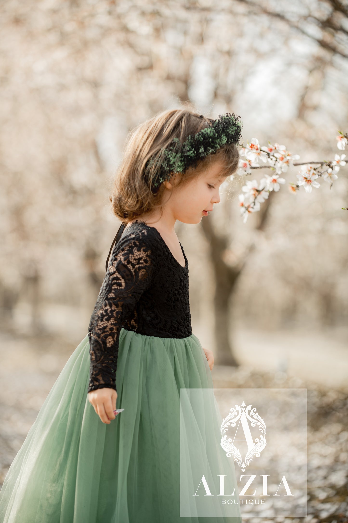 Sage Green Tulle Dress for Flower Girl Black Lace Top