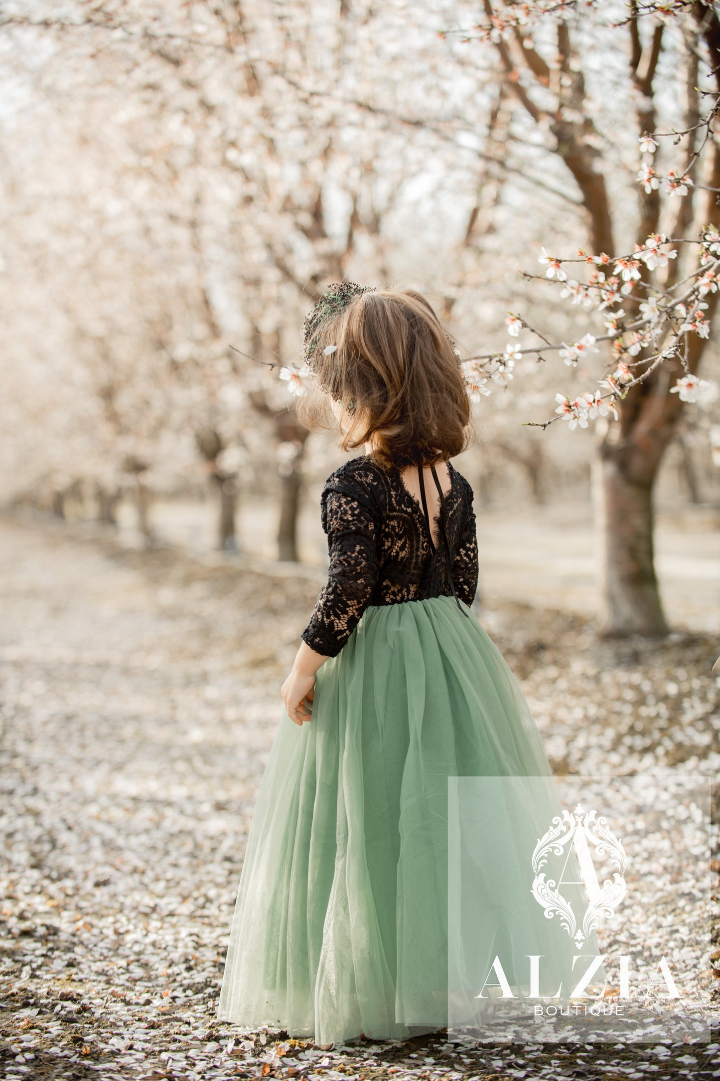 Sage Green Tulle Dress for Flower Girl Black Lace Top