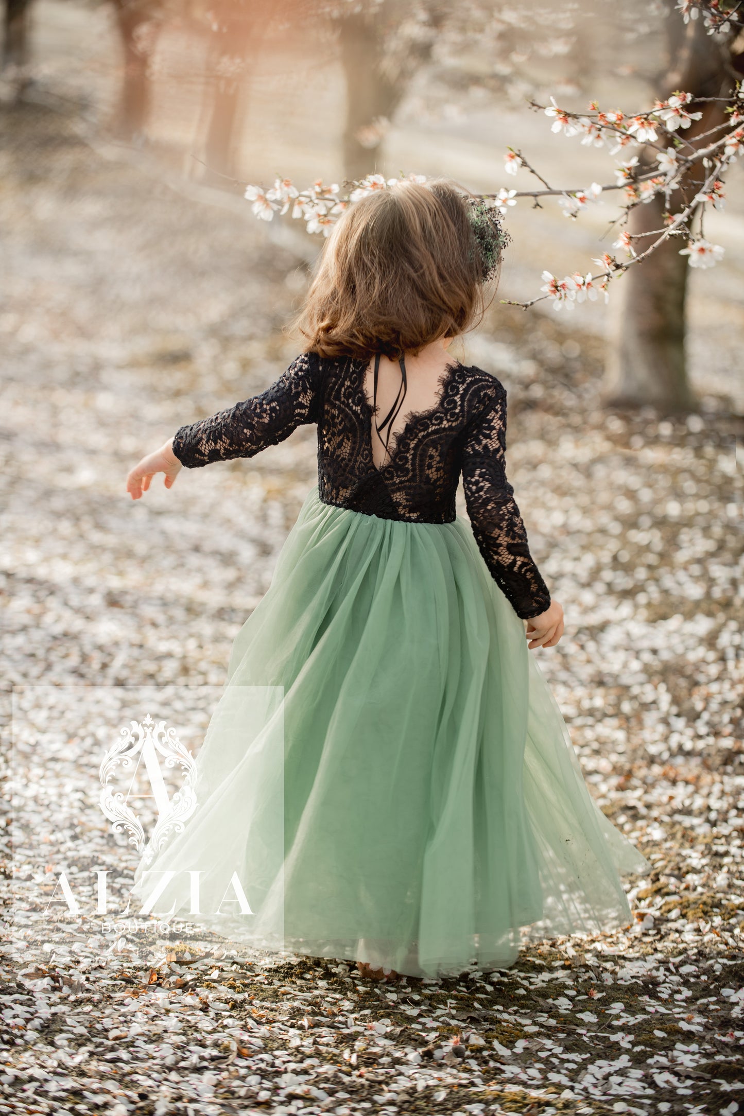 Sage Green Tulle Dress for Flower Girl Black Lace Top