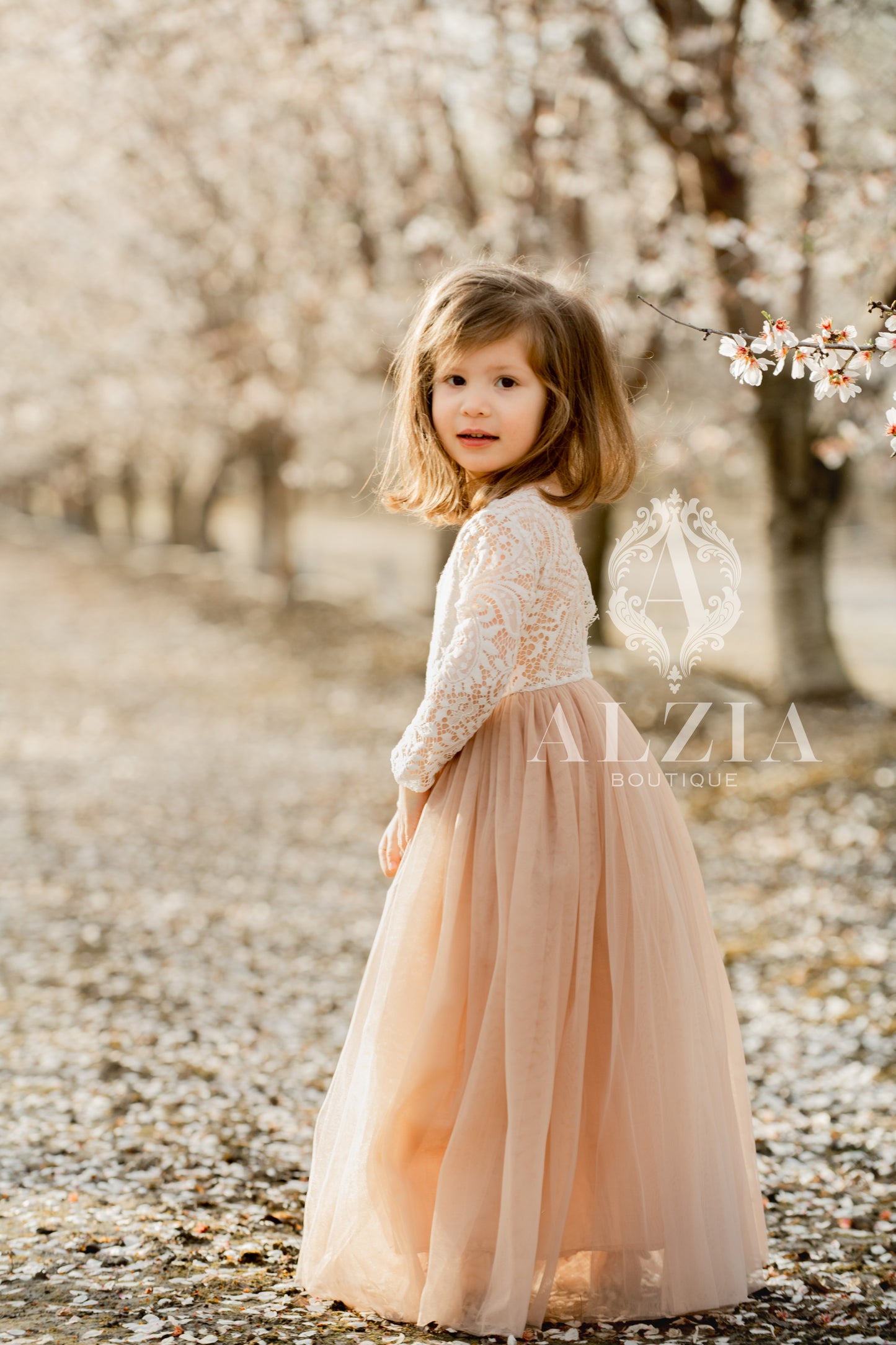 Tan Tulle Dress for Flower Girl Sage  Lace Top