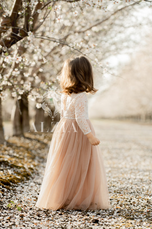 Tan Tulle Dress for Flower Girl Sage  Lace Top