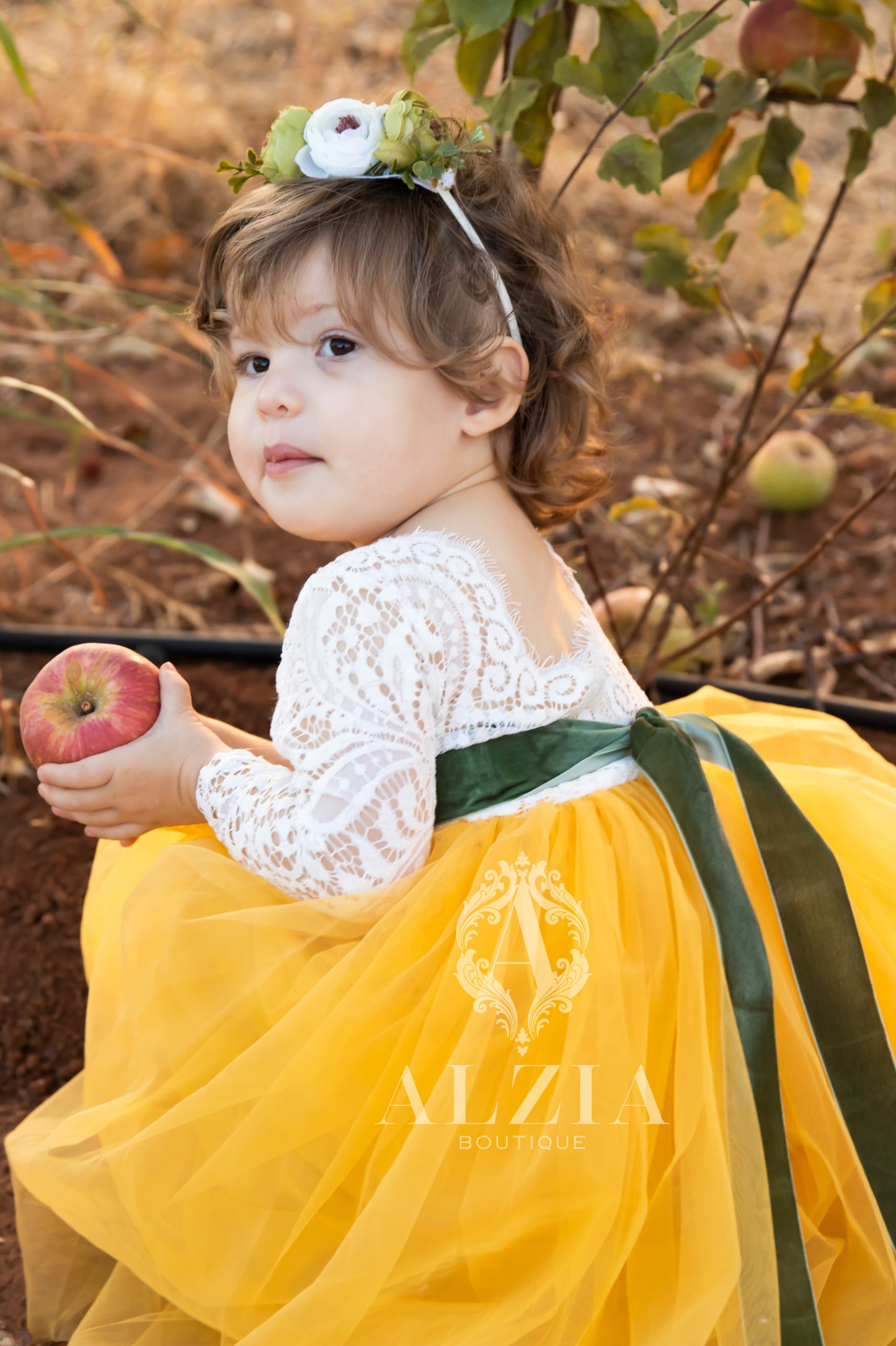 Yellow Mustard Tulle Dress for Flower Girl Sage  Lace Top