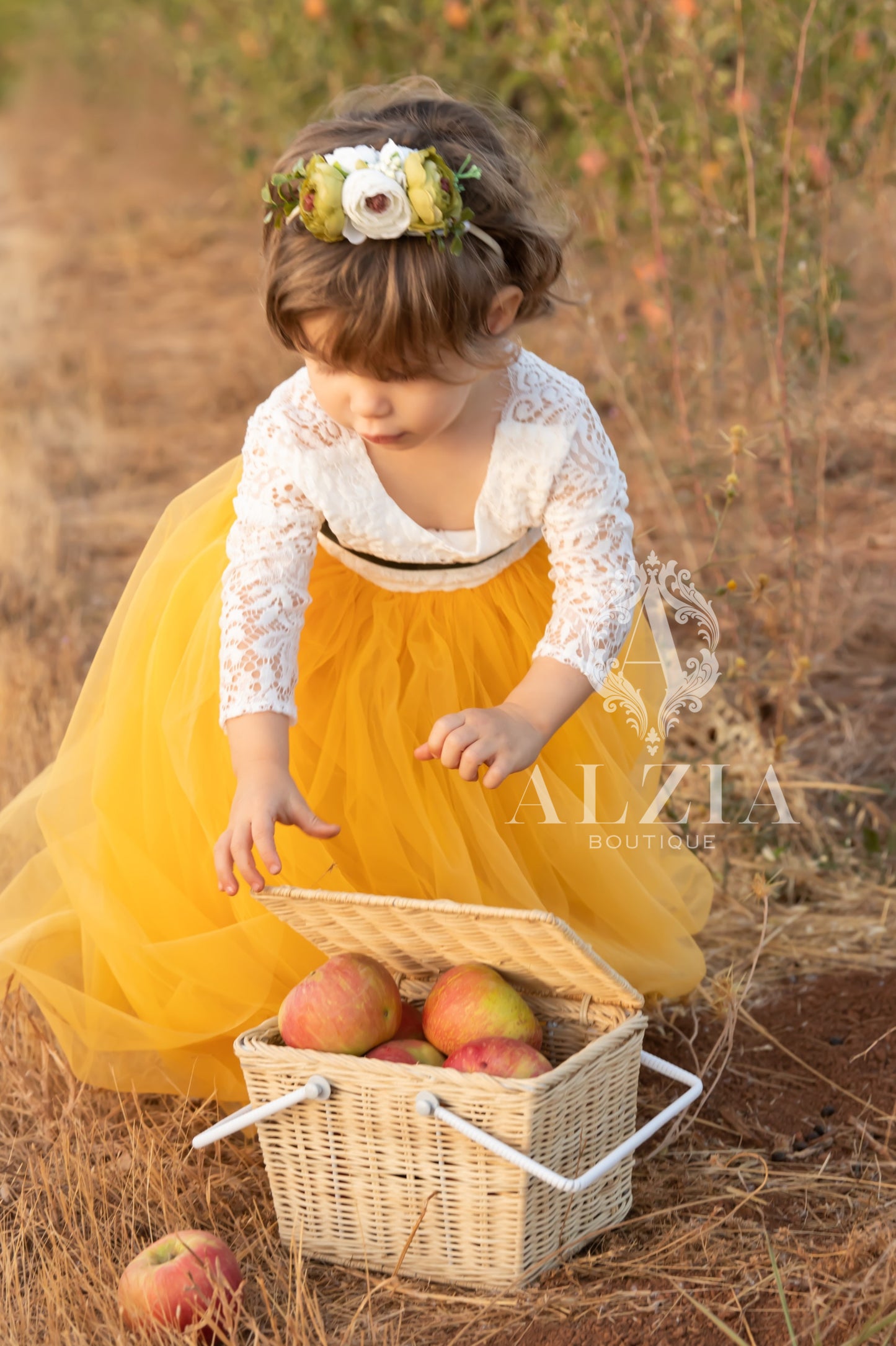 Yellow Mustard Tulle Dress for Flower Girl Sage  Lace Top