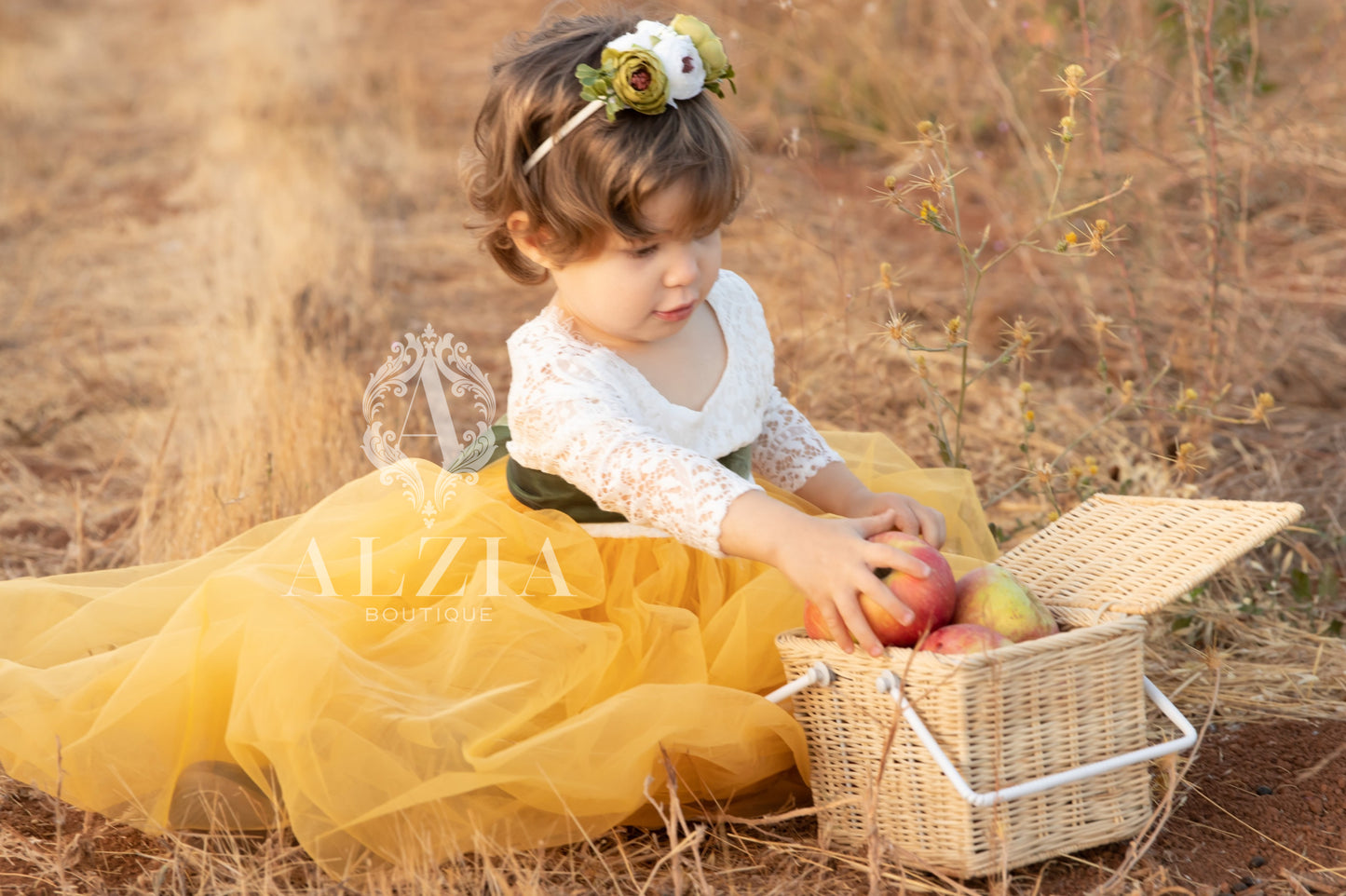 Yellow Mustard Tulle Dress for Flower Girl Sage  Lace Top