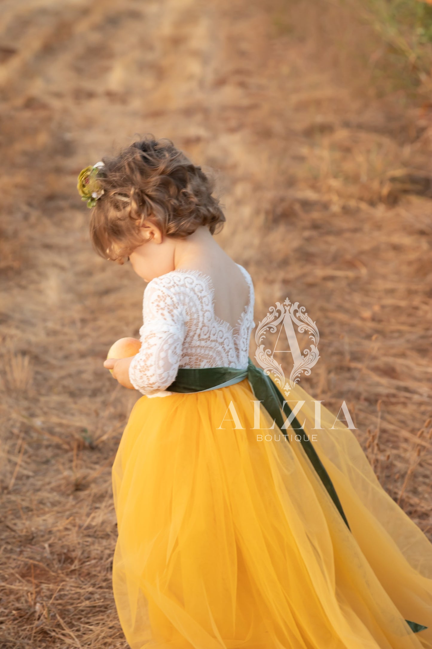 Yellow Mustard Tulle Dress for Flower Girl Sage  Lace Top