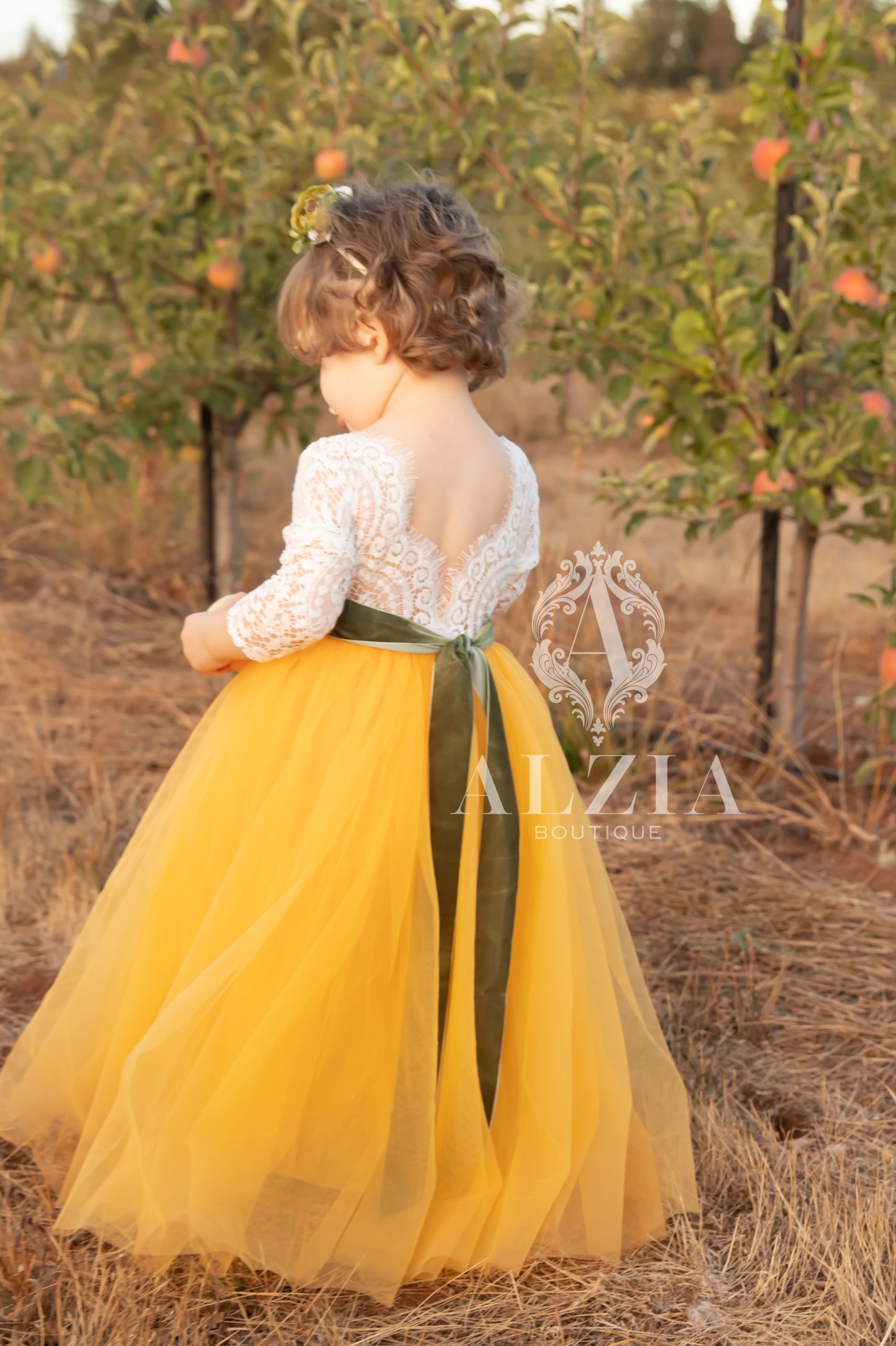 Yellow Mustard Tulle Dress for Flower Girl Sage  Lace Top