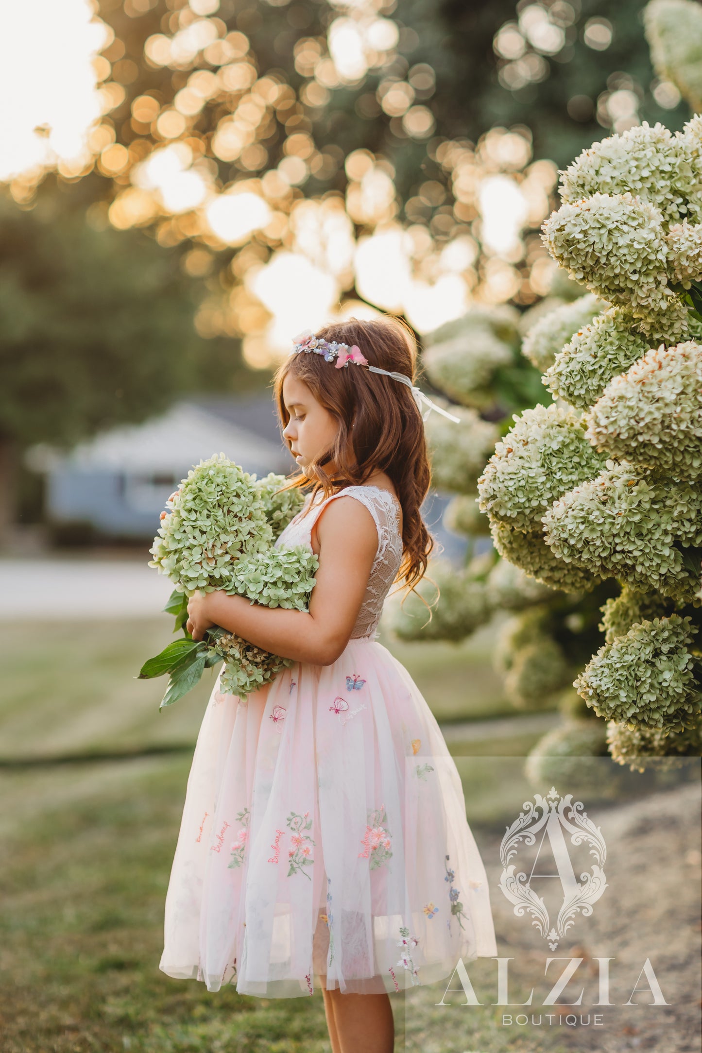 Pink Knee Length  Floral Embroidered Tulle Flower Girl