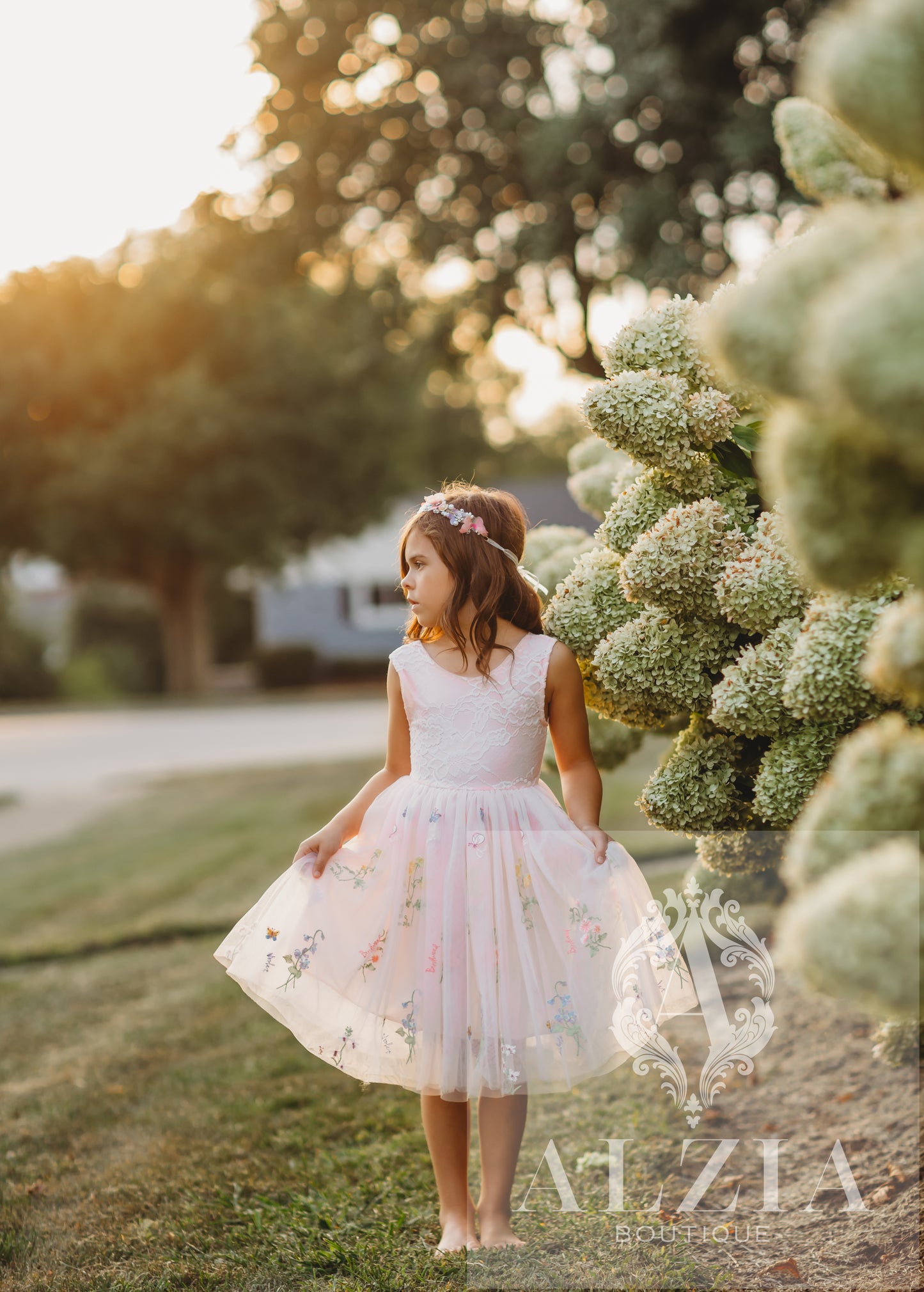 Pink Knee Length  Floral Embroidered Tulle Flower Girl