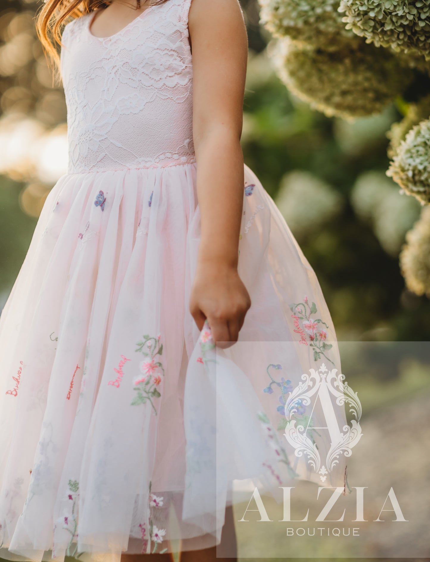 Pink Knee Length  Floral Embroidered Tulle Flower Girl