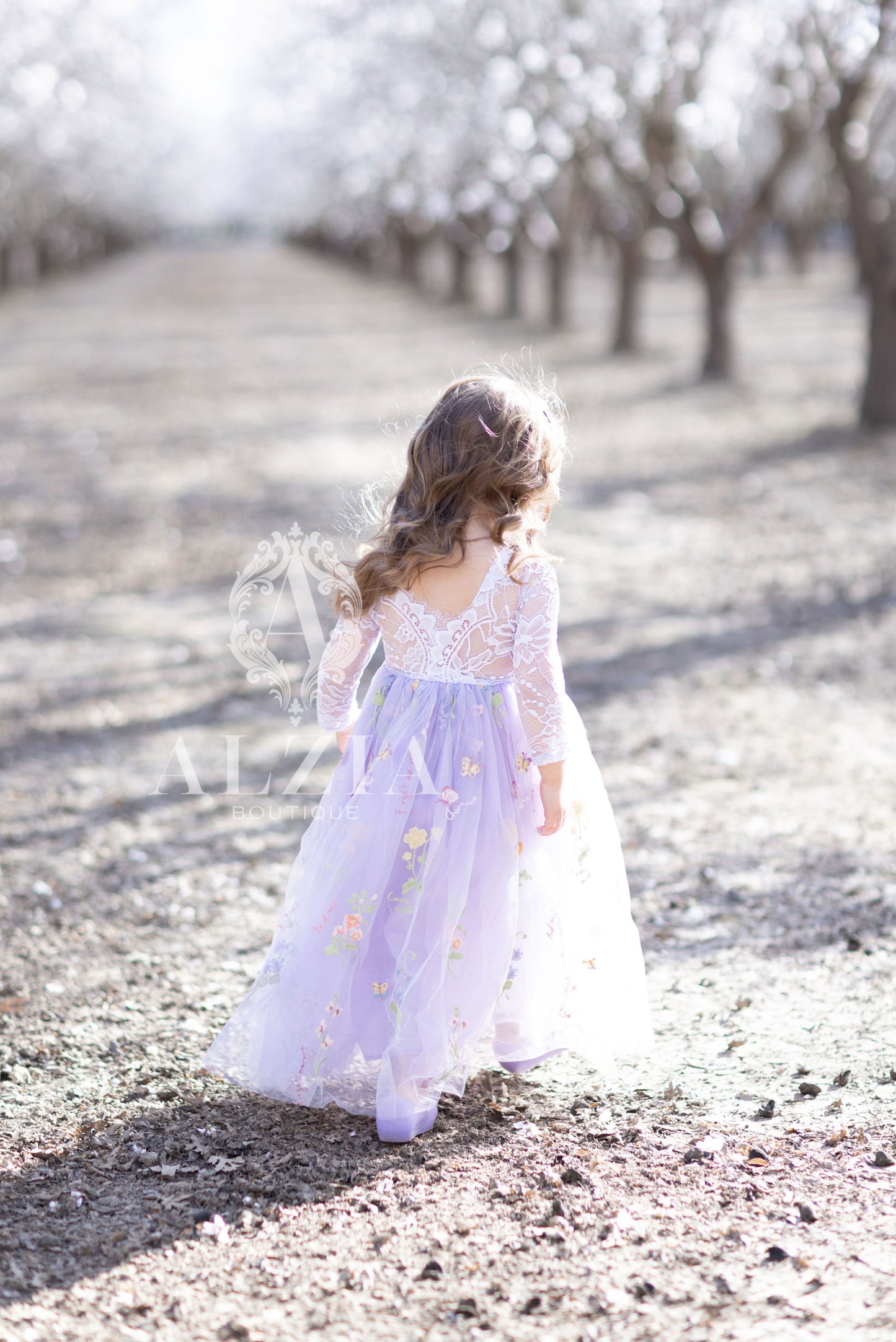 Purple Long Sleeves Floral Embroidered Tulle Flower Girl