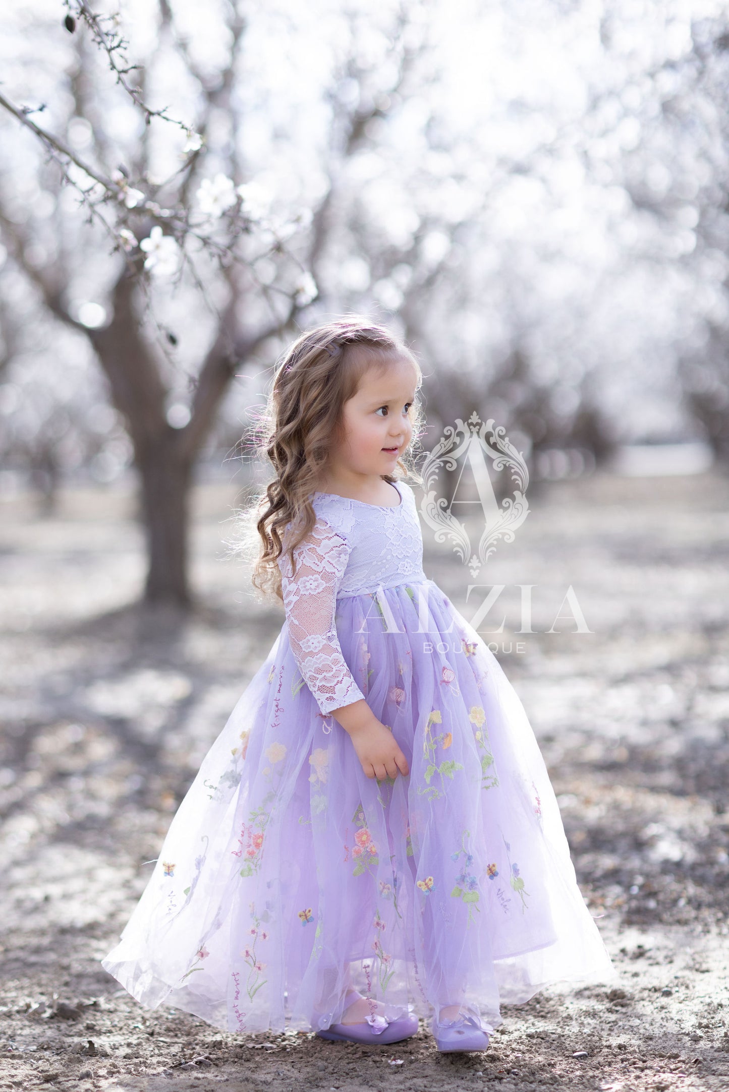 Purple Long Sleeves Floral Embroidered Tulle Flower Girl