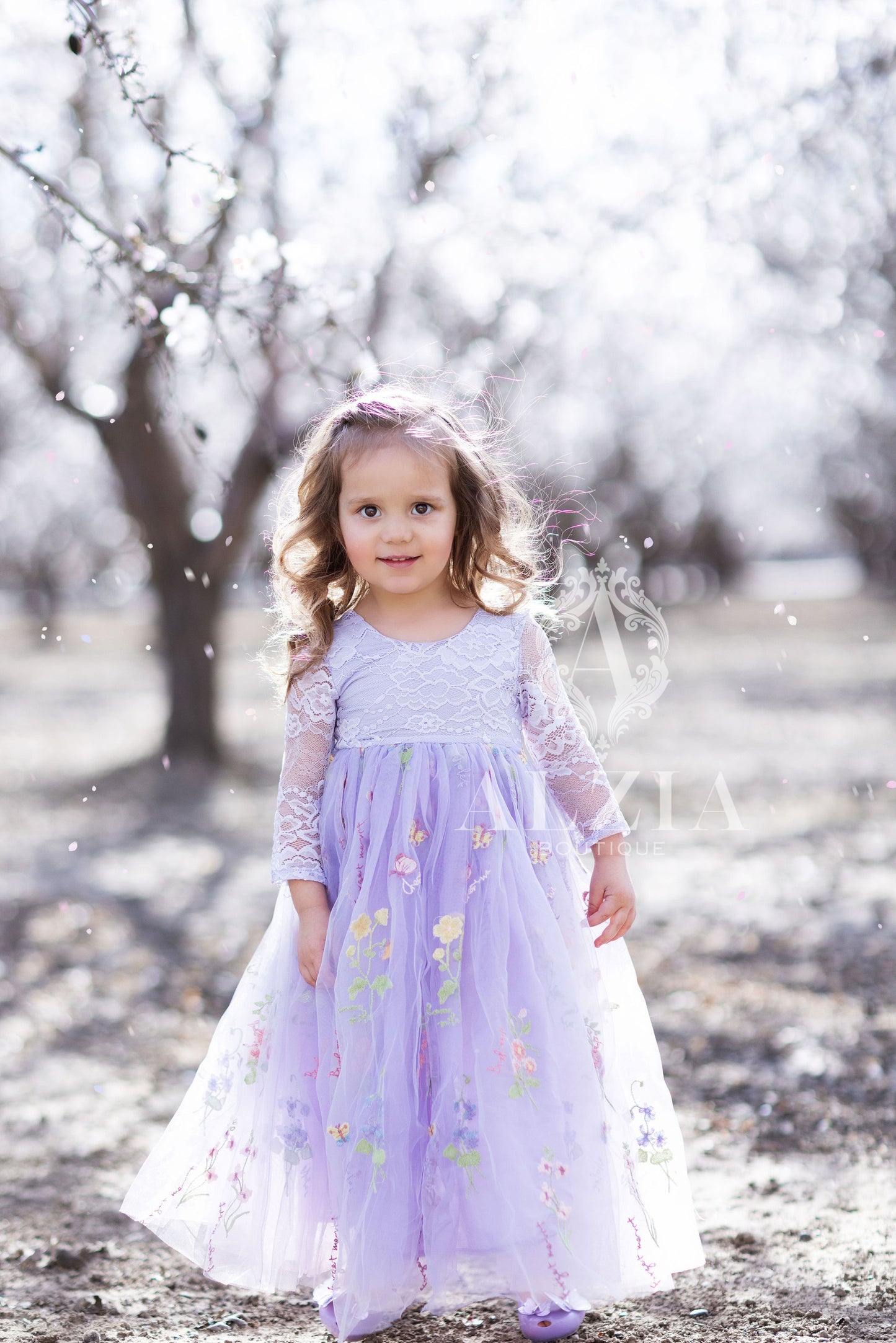 Purple Long Sleeves Floral Embroidered Tulle Flower Girl