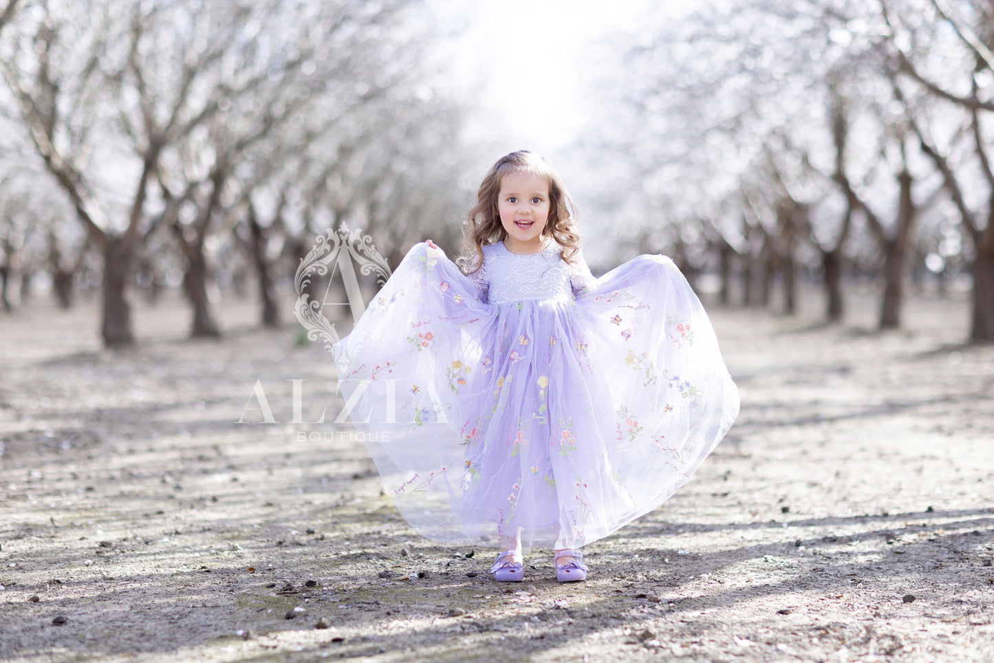 Purple Long Sleeves Floral Embroidered Tulle Flower Girl