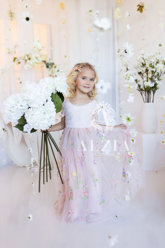 Pink Short Sleeves Floral Embroidered Tulle Flower Girl