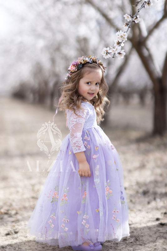 Purple Long Sleeves Floral Embroidered Tulle Flower Girl