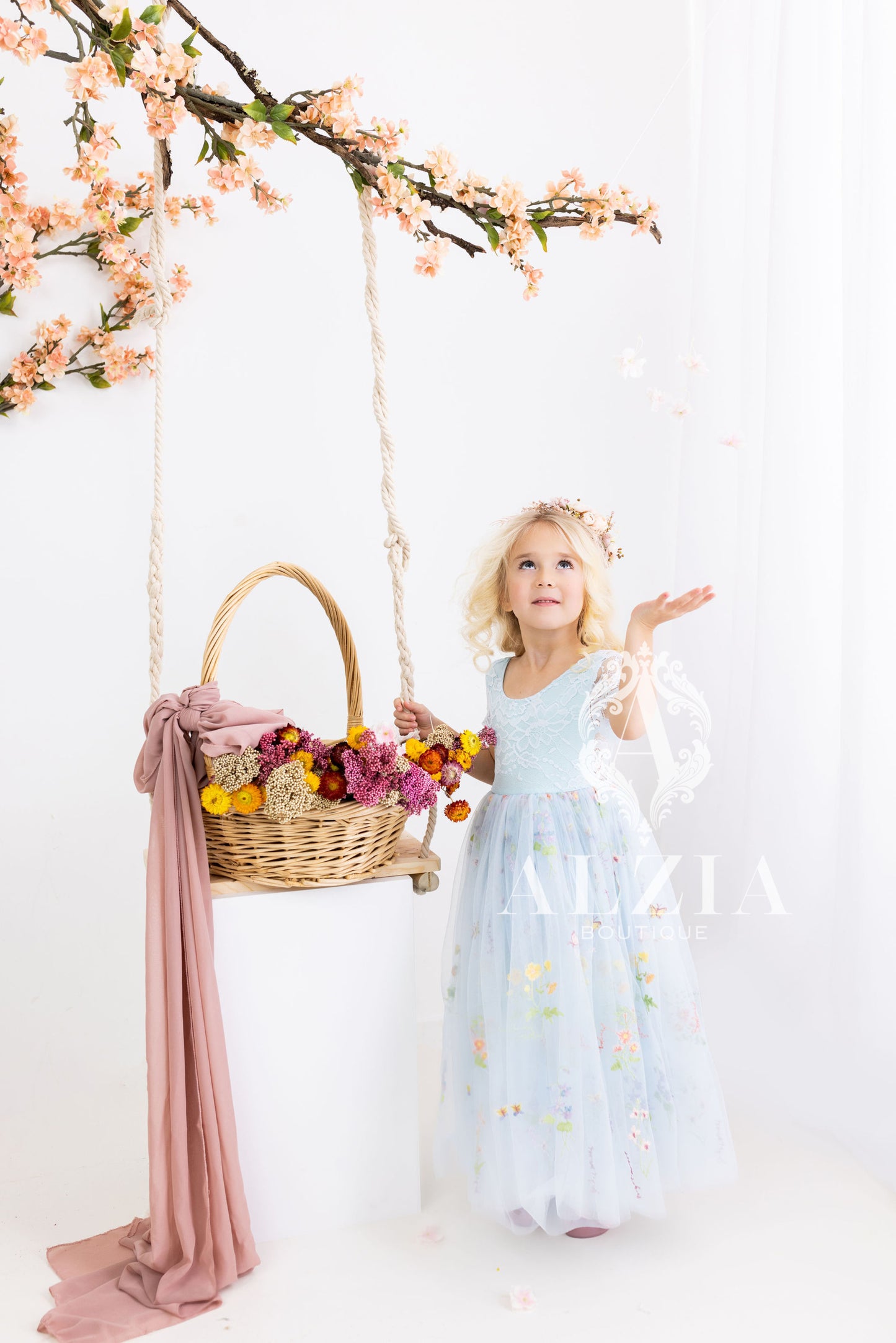 Light Blue Short Sleeves Floral Embroidered Tulle Flower Girl