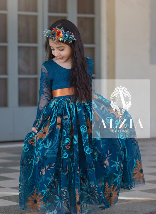Teal Sunflower Flower Girl Dress | Lace Scallop Back Dress for Rustic, Boho, Outdoor Weddings