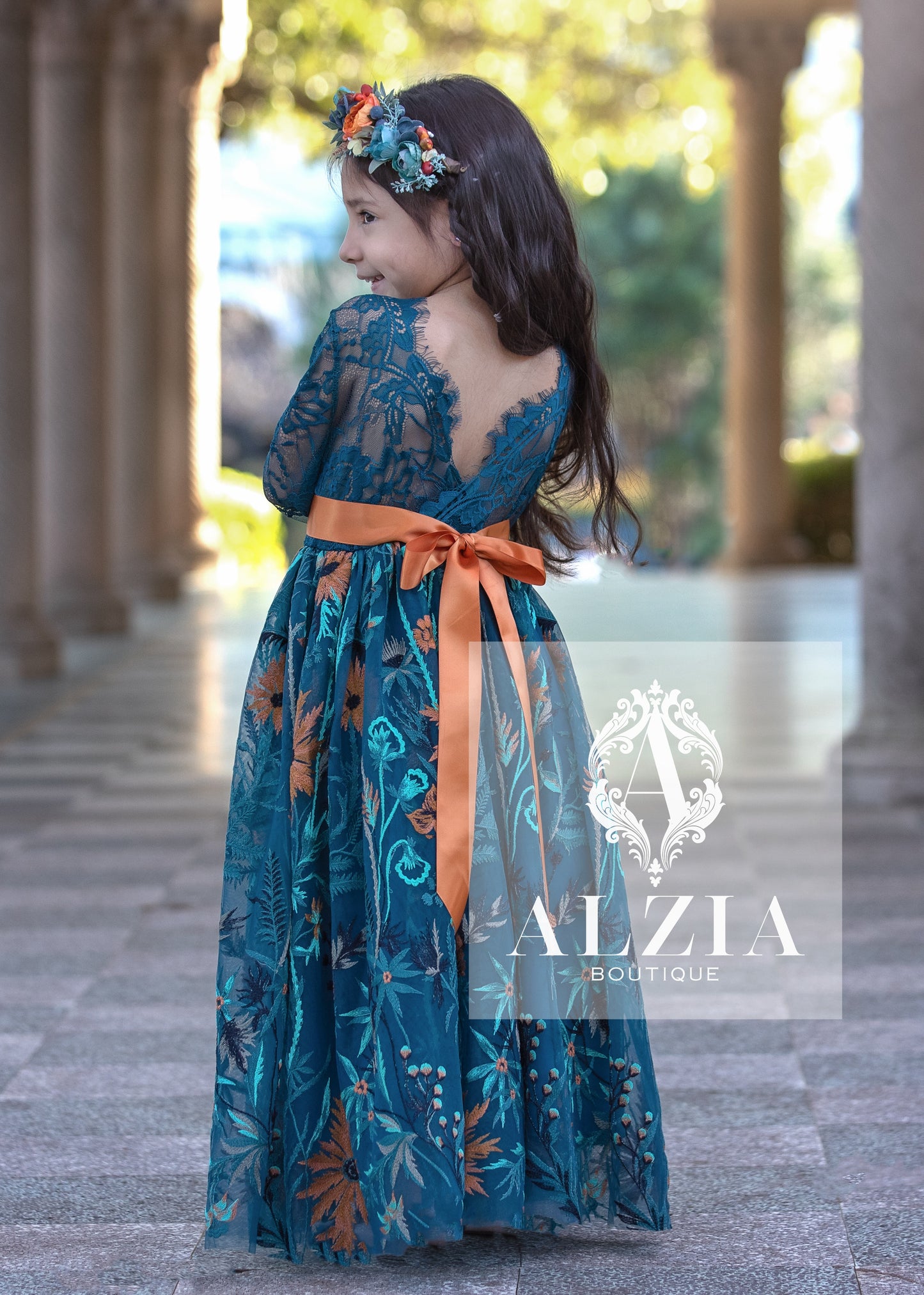Teal Sunflower Flower Girl Dress | Full-Length Short Sleeve Lace Dress for Rustic, Boho, Outdoor Weddings