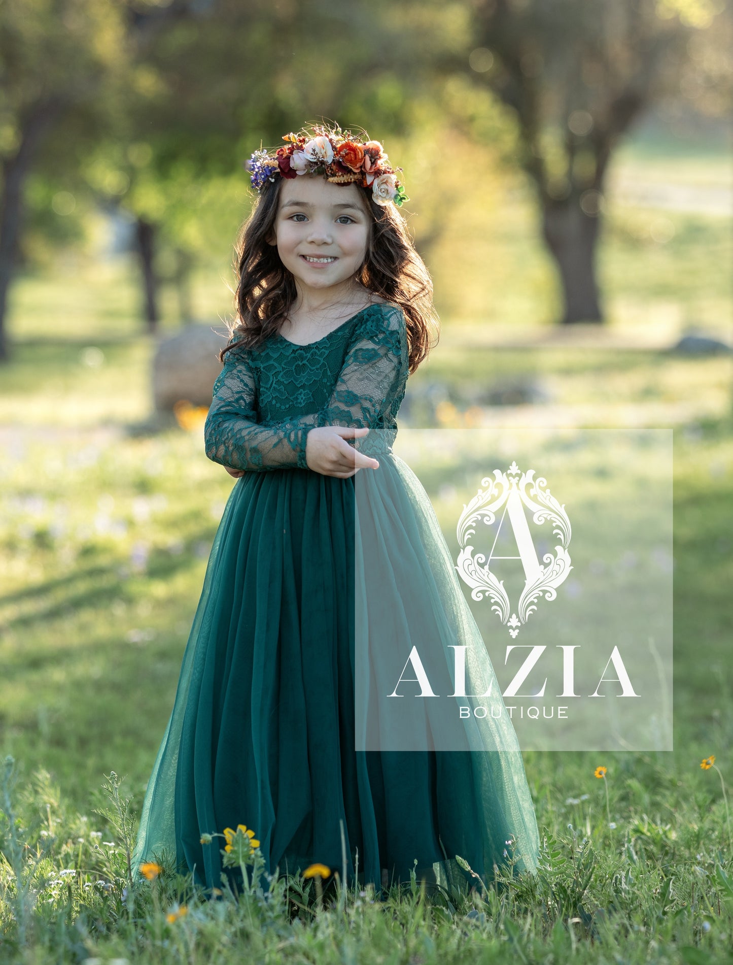 Emerald Green Tulle Dress for Flower Girl Sage  Lace Top