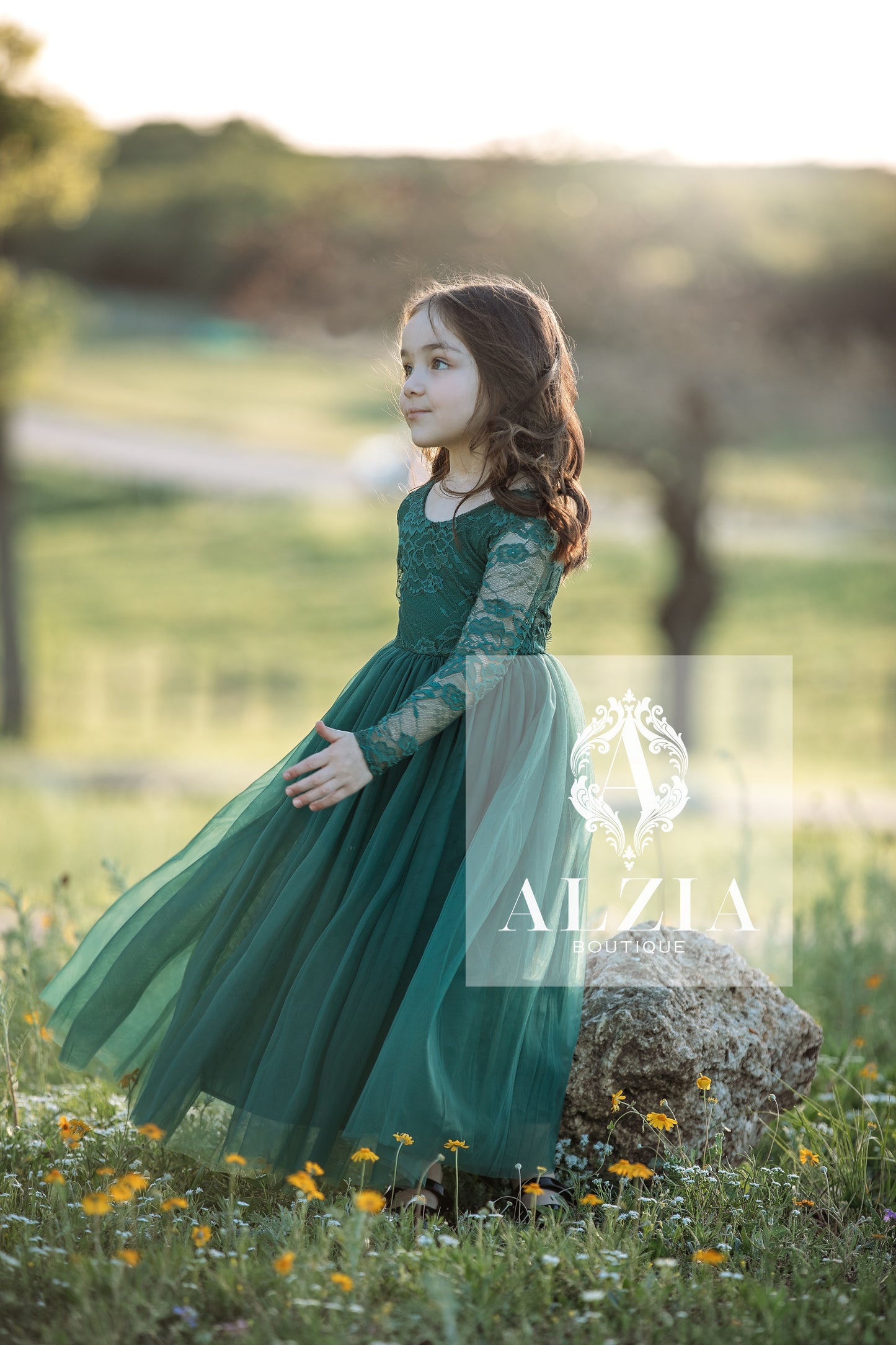 Emerald Green Tulle Dress for Flower Girl Sage  Lace Top