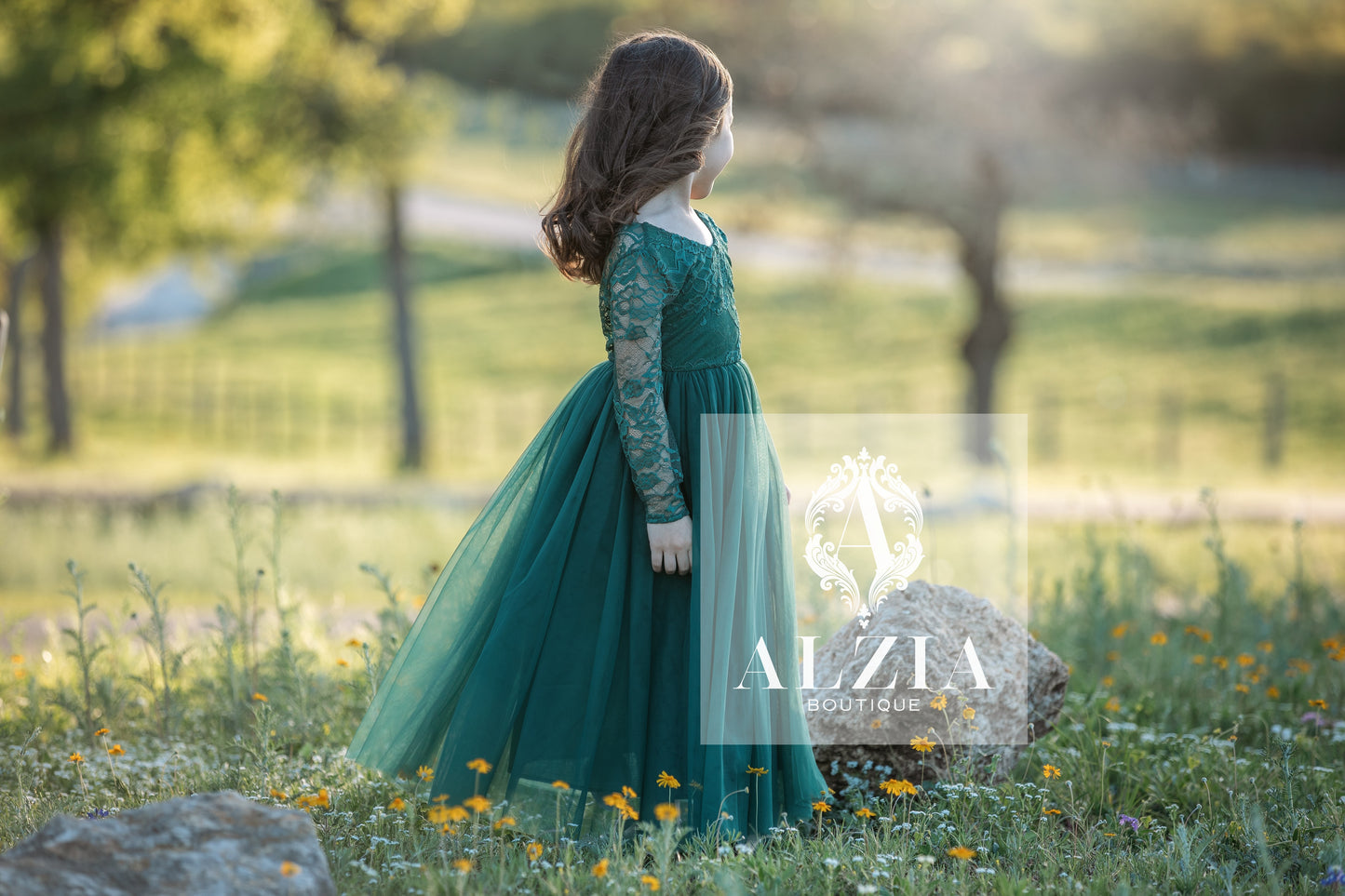 Emerald Green Tulle Dress for Flower Girl Sage  Lace Top