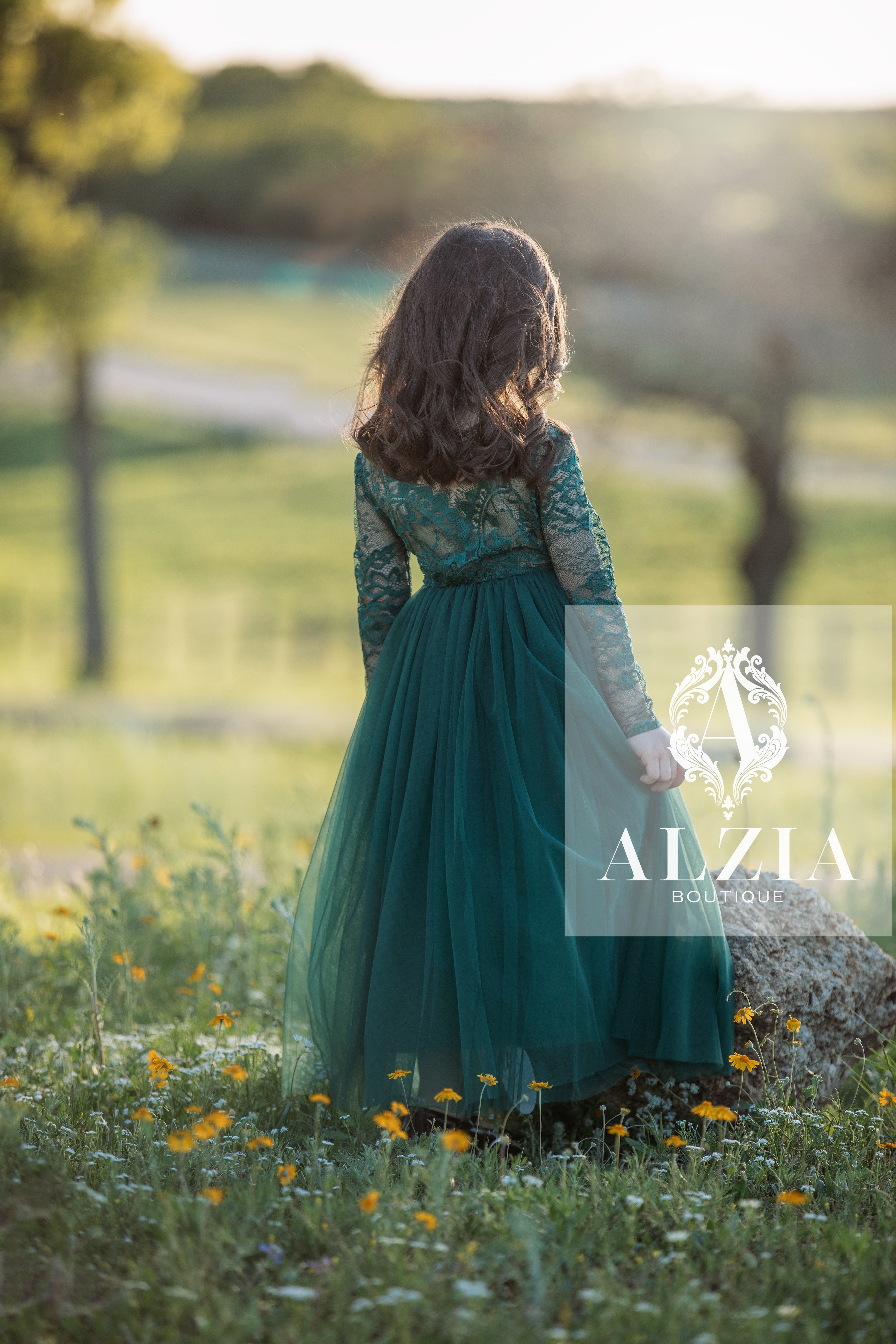 Emerald Green Tulle Dress for Flower Girl Sage Lace Top