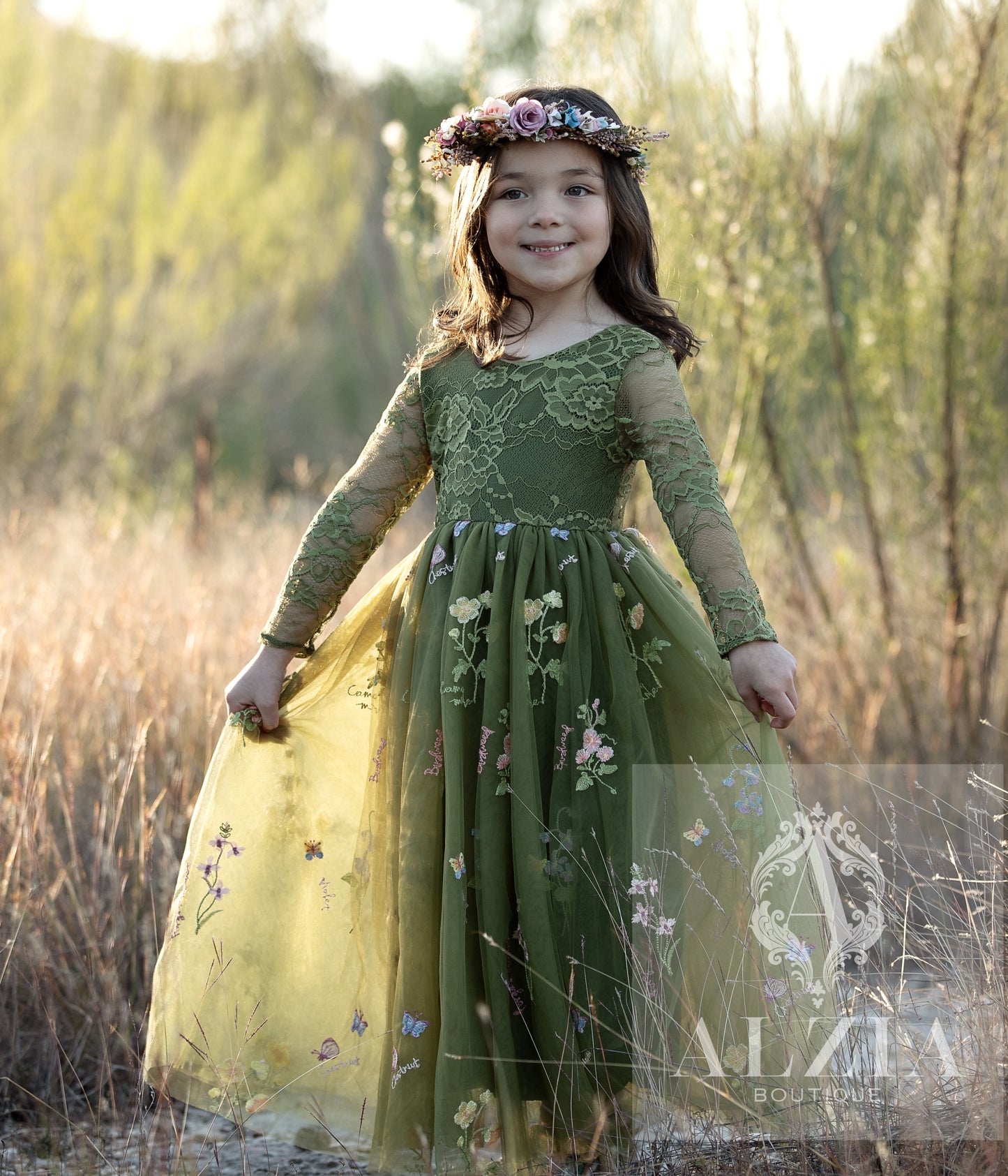 Olive Green Long Sleeves Floral Embroidered Tulle Flower Girl