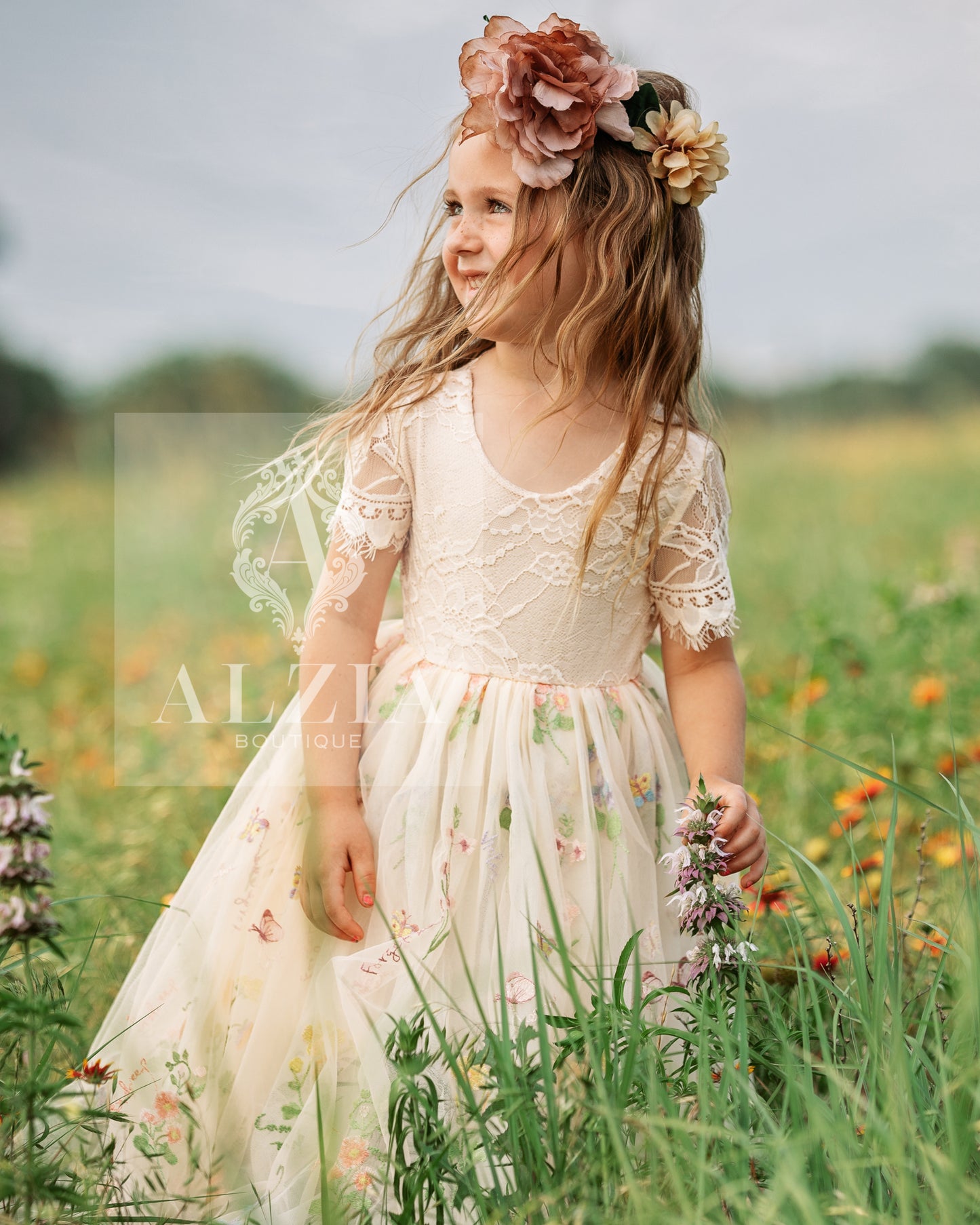 Champagne Short Sleeves Floral Embroidered Tulle Flower Girl