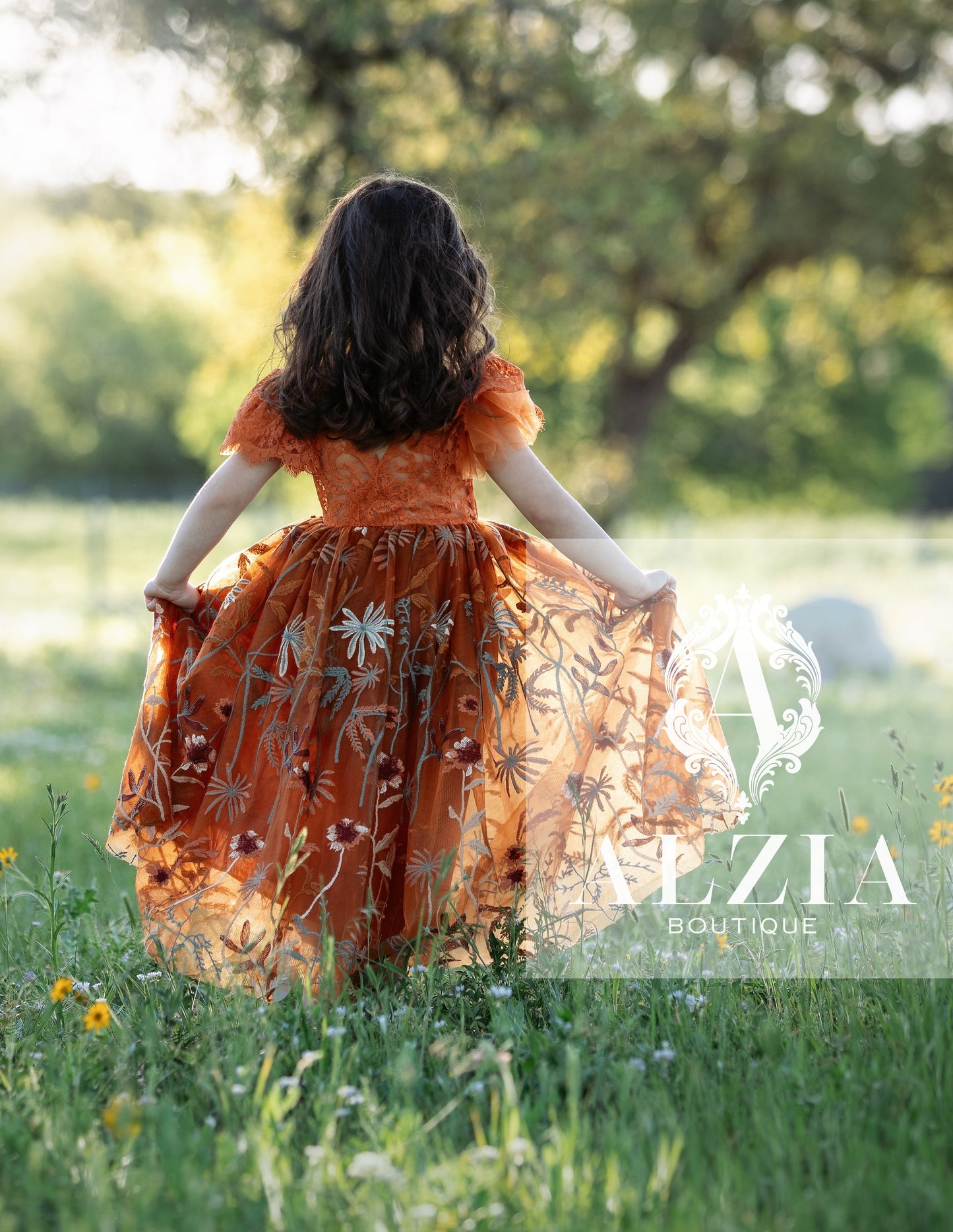 Burnt Orange Ruffle Sleeve Floral Embroidered Tulle Flower Girl Dress