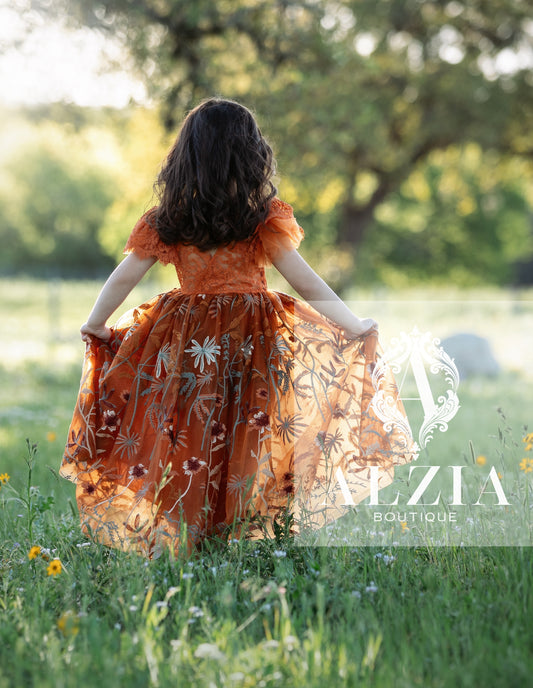 Burnt Orange Ruffle Sleeve Floral Embroidered Tulle Flower Girl Dress