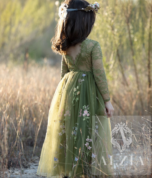 Olive Green Long Sleeves Floral Embroidered Tulle Flower Girl