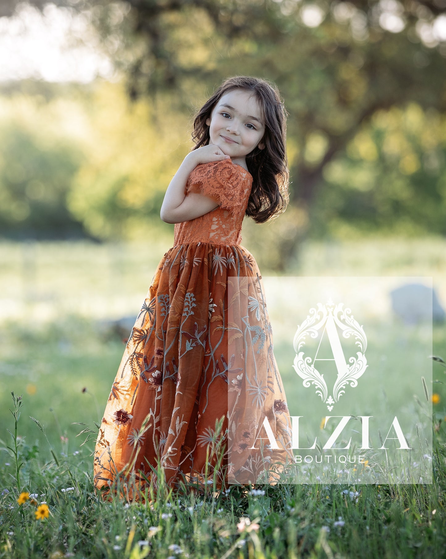 Burnt Orange Ruffle Sleeve Floral Embroidered Tulle Flower Girl Dress