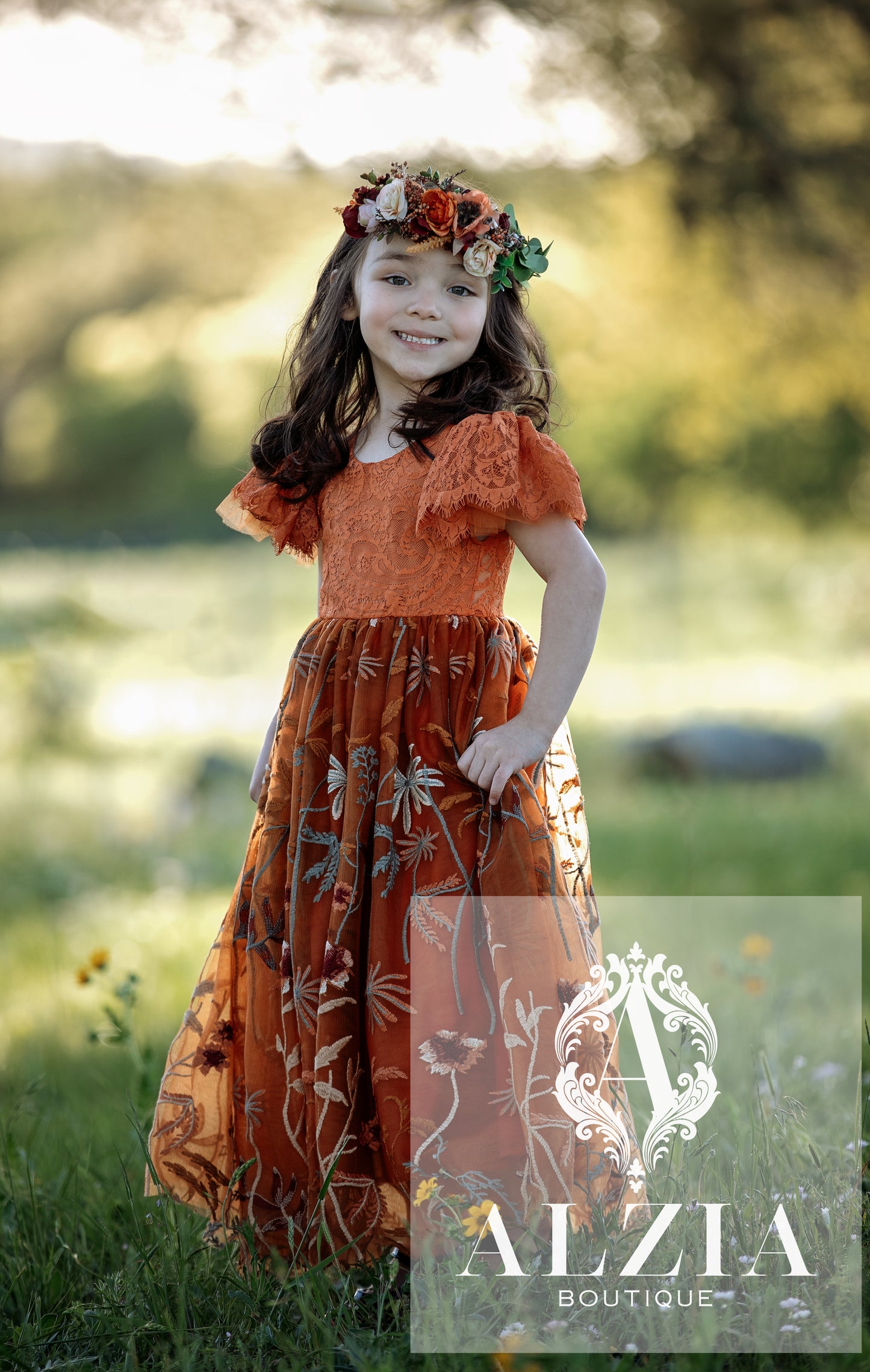 Burnt Orange Ruffle Sleeve Floral Embroidered Tulle Flower Girl Dress