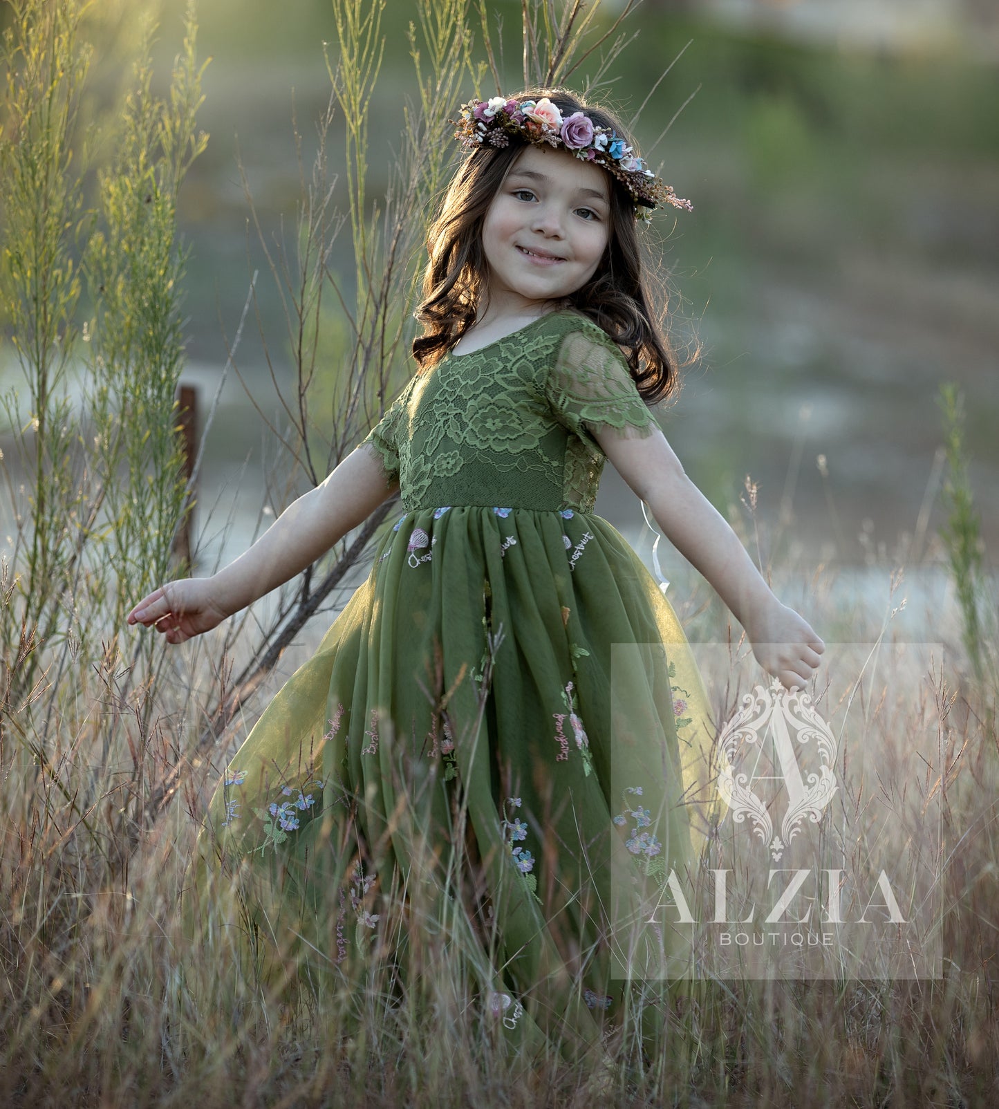 Olive Green Short Sleeves Floral Embroidered Tulle Flower Girl