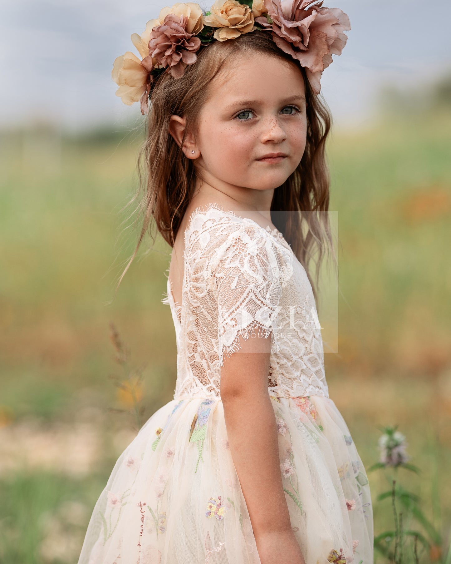 Champagne Short Sleeves Floral Embroidered Tulle Flower Girl