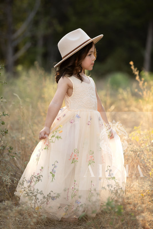 Champagne Sleeveless Style Floral Embroidered Tulle Flower Girl