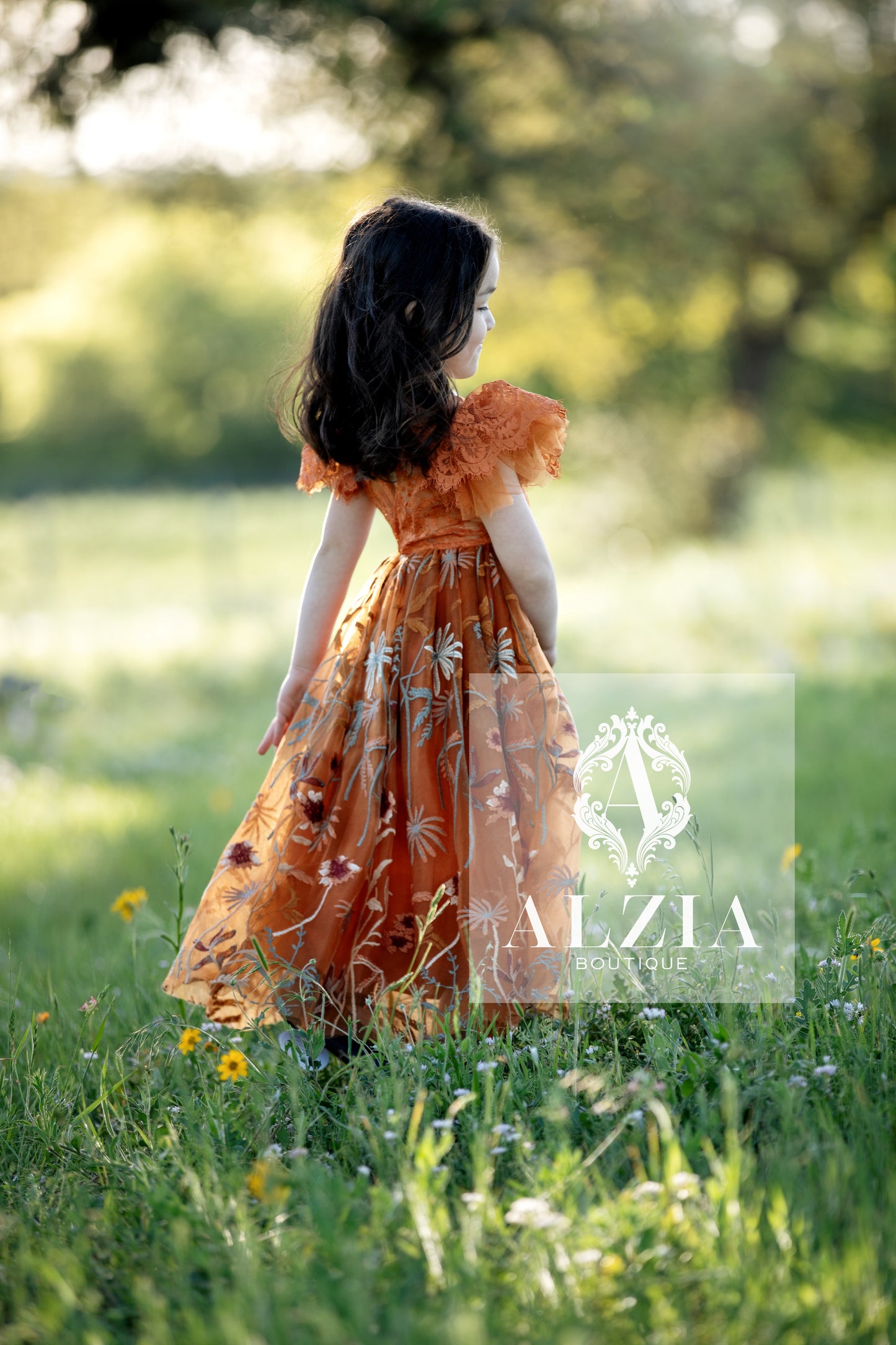 Burnt Orange Ruffle Sleeve Floral Embroidered Tulle Flower Girl Dress