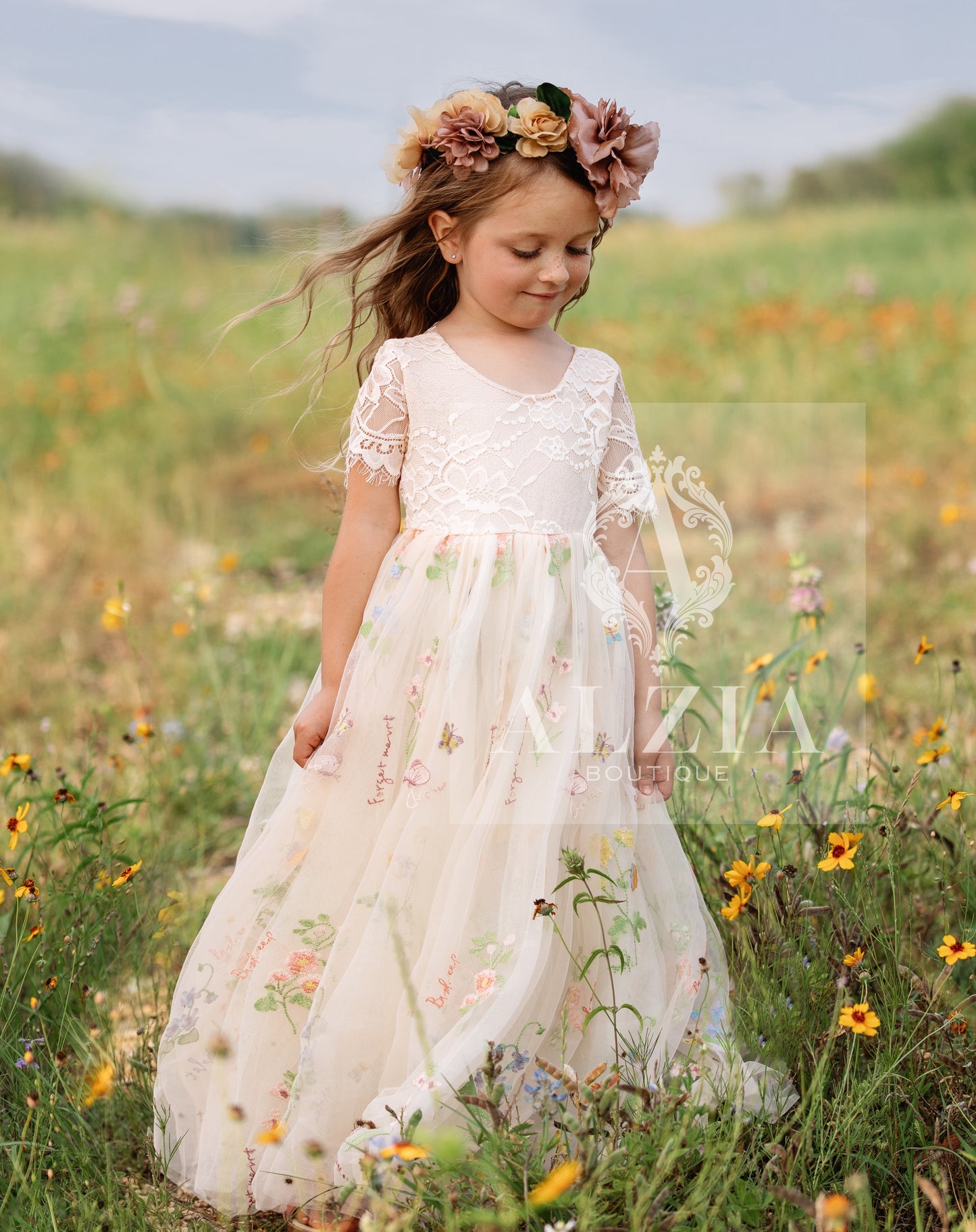 Champagne Short Sleeves Floral Embroidered Tulle Flower Girl