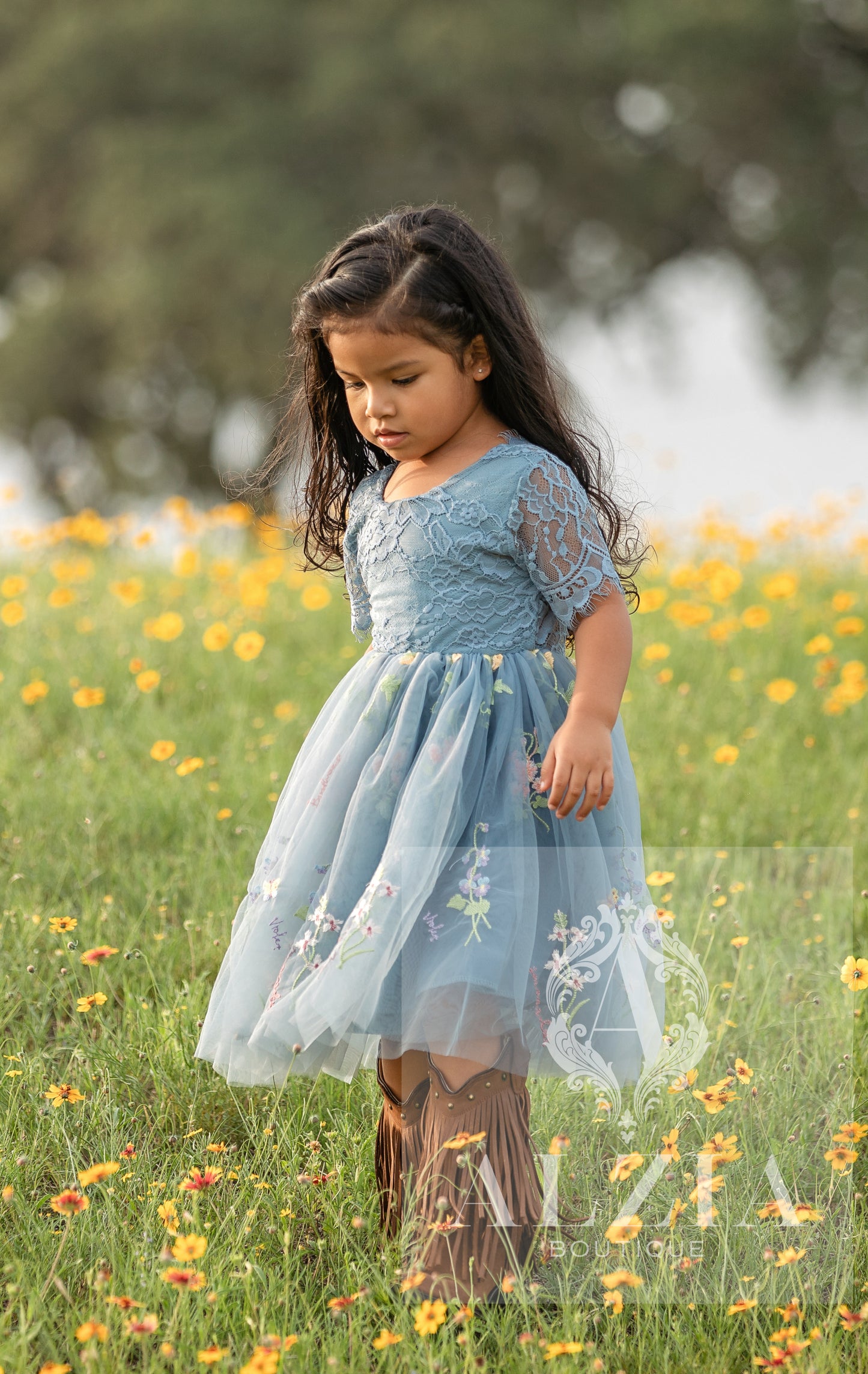 Blue Grey Knee Length  Floral Embroidered Tulle Flower Girl