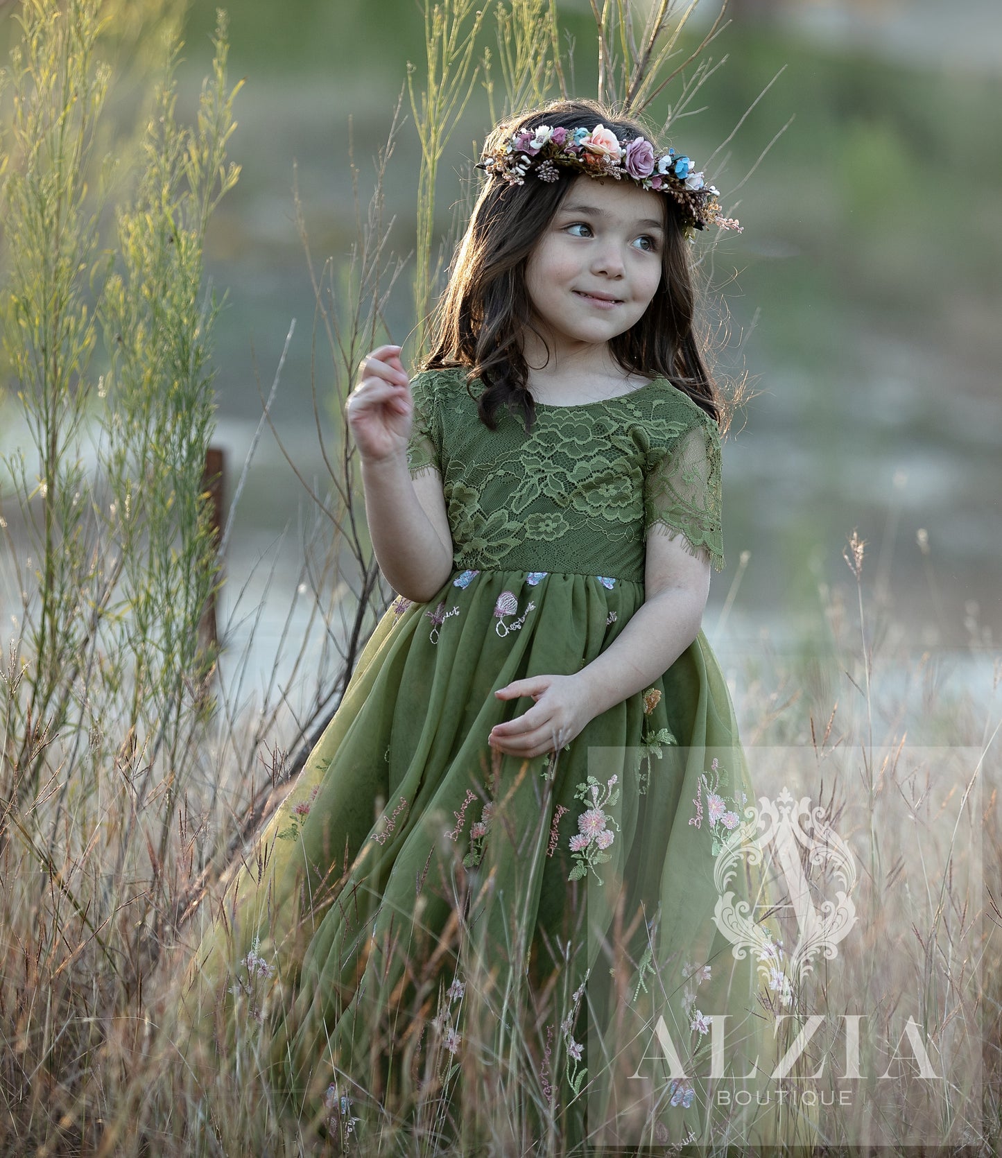 Olive Green Short Sleeves Floral Embroidered Tulle Flower Girl